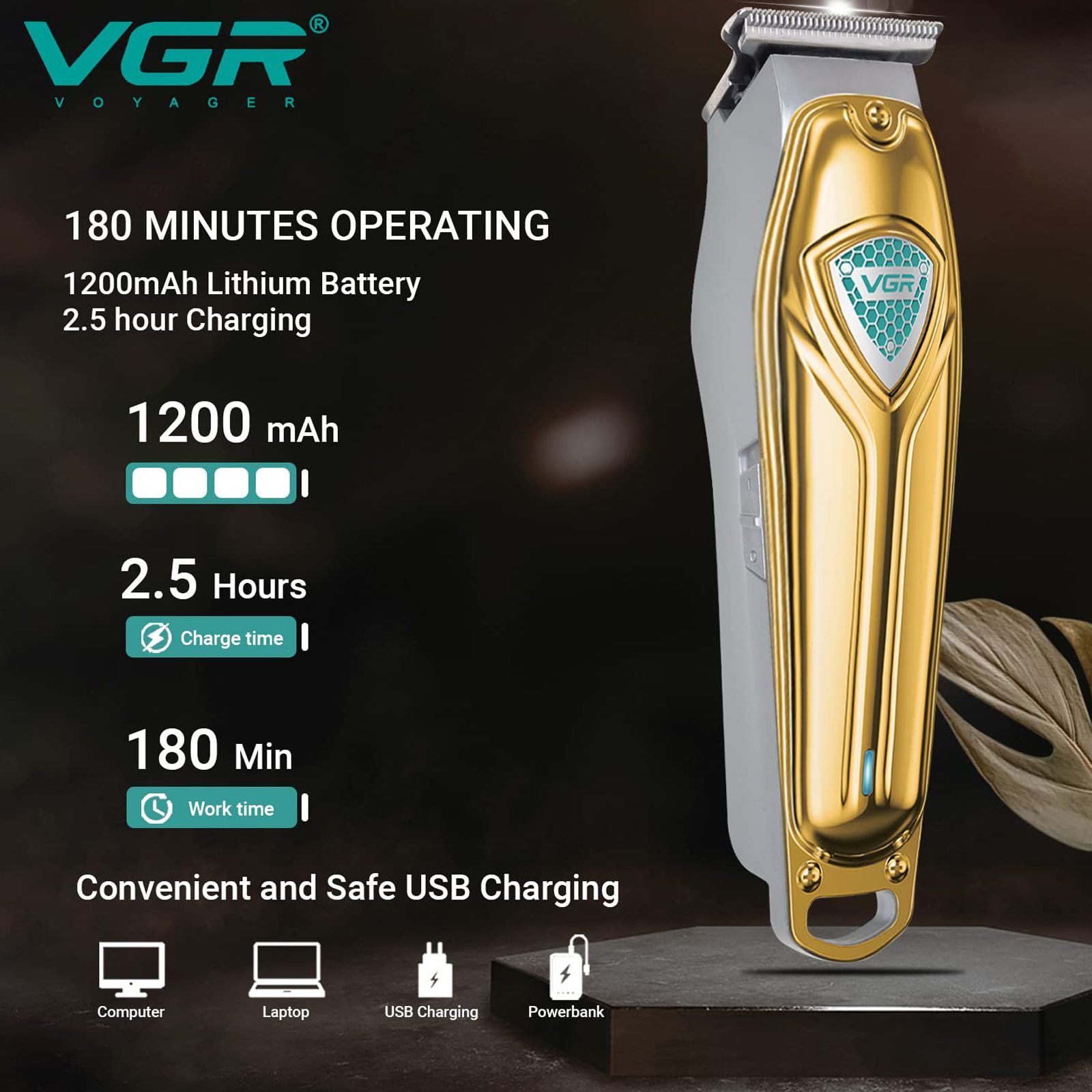 VGR V-911 Rechargeable Cordless Wet & Dry Trimmer for Hair Clipping, Beard, Moustache, Body Grooming & Intimate Areas with 3 Length Settings for Men (180min Runtime, LED Strip with 10 Levels, Gold) VGR V-911 Rechargeable Cordless Wet & Dry Trimmer for Hair Clipping, Beard, Moustache, Body Grooming & Intimate Areas with 3 Length Settings for Men (180min Runtime, LED Strip with 10 Levels, Gold)_4