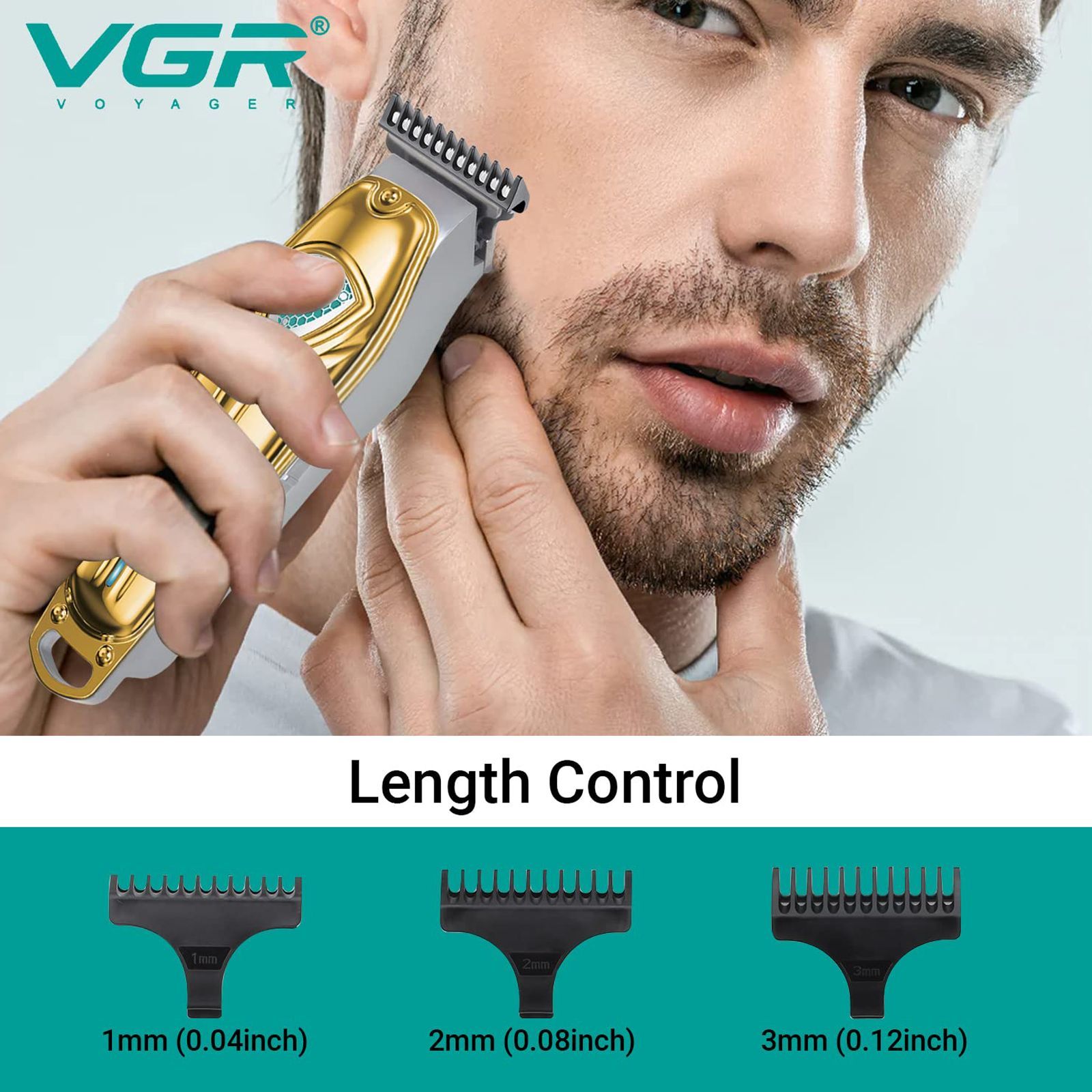 VGR V-911 Rechargeable Cordless Wet & Dry Trimmer for Hair Clipping, Beard, Moustache, Body Grooming & Intimate Areas with 3 Length Settings for Men (180min Runtime, LED Strip with 10 Levels, Gold) VGR V-911 Rechargeable Cordless Wet & Dry Trimmer for Hair Clipping, Beard, Moustache, Body Grooming & Intimate Areas with 3 Length Settings for Men (180min Runtime, LED Strip with 10 Levels, Gold)_5