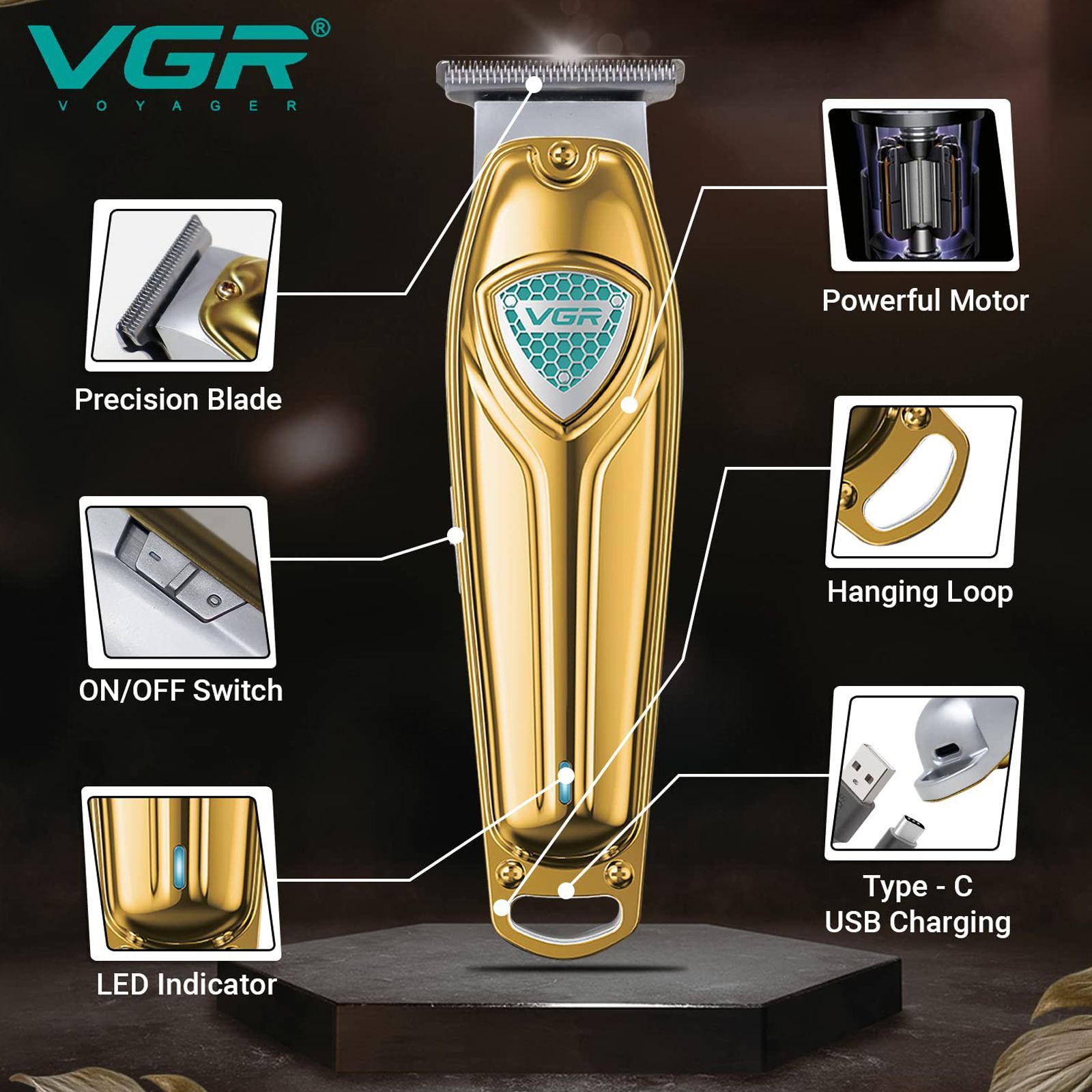 VGR V-911 Rechargeable Cordless Wet & Dry Trimmer for Hair Clipping, Beard, Moustache, Body Grooming & Intimate Areas with 3 Length Settings for Men (180min Runtime, LED Strip with 10 Levels, Gold) VGR V-911 Rechargeable Cordless Wet & Dry Trimmer for Hair Clipping, Beard, Moustache, Body Grooming & Intimate Areas with 3 Length Settings for Men (180min Runtime, LED Strip with 10 Levels, Gold)_6