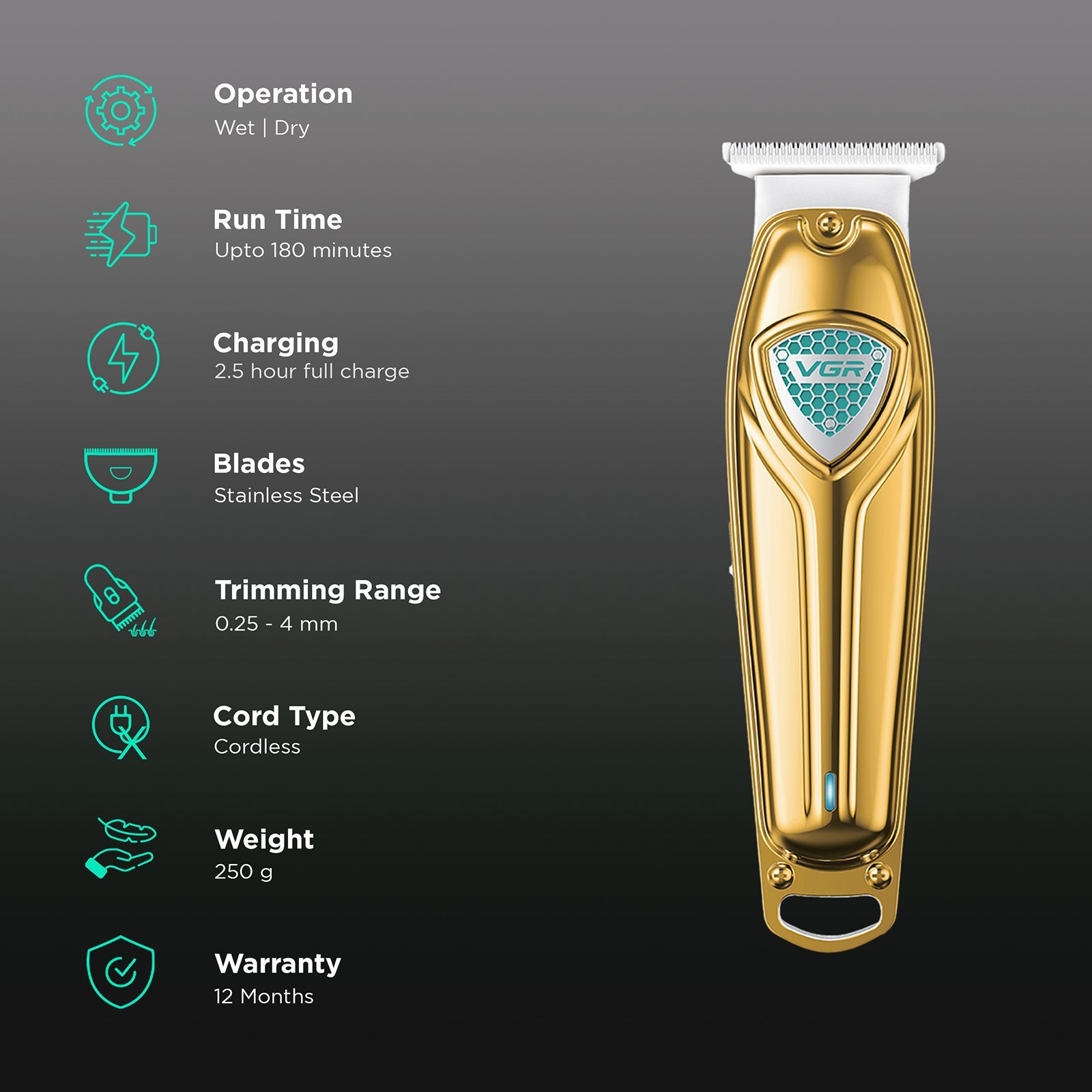 VGR V-911 Rechargeable Cordless Wet & Dry Trimmer for Hair Clipping, Beard, Moustache, Body Grooming & Intimate Areas with 3 Length Settings for Men (180min Runtime, LED Strip with 10 Levels, Gold) VGR V-911 Rechargeable Cordless Wet & Dry Trimmer for Hair Clipping, Beard, Moustache, Body Grooming & Intimate Areas with 3 Length Settings for Men (180min Runtime, LED Strip with 10 Levels, Gold)_2