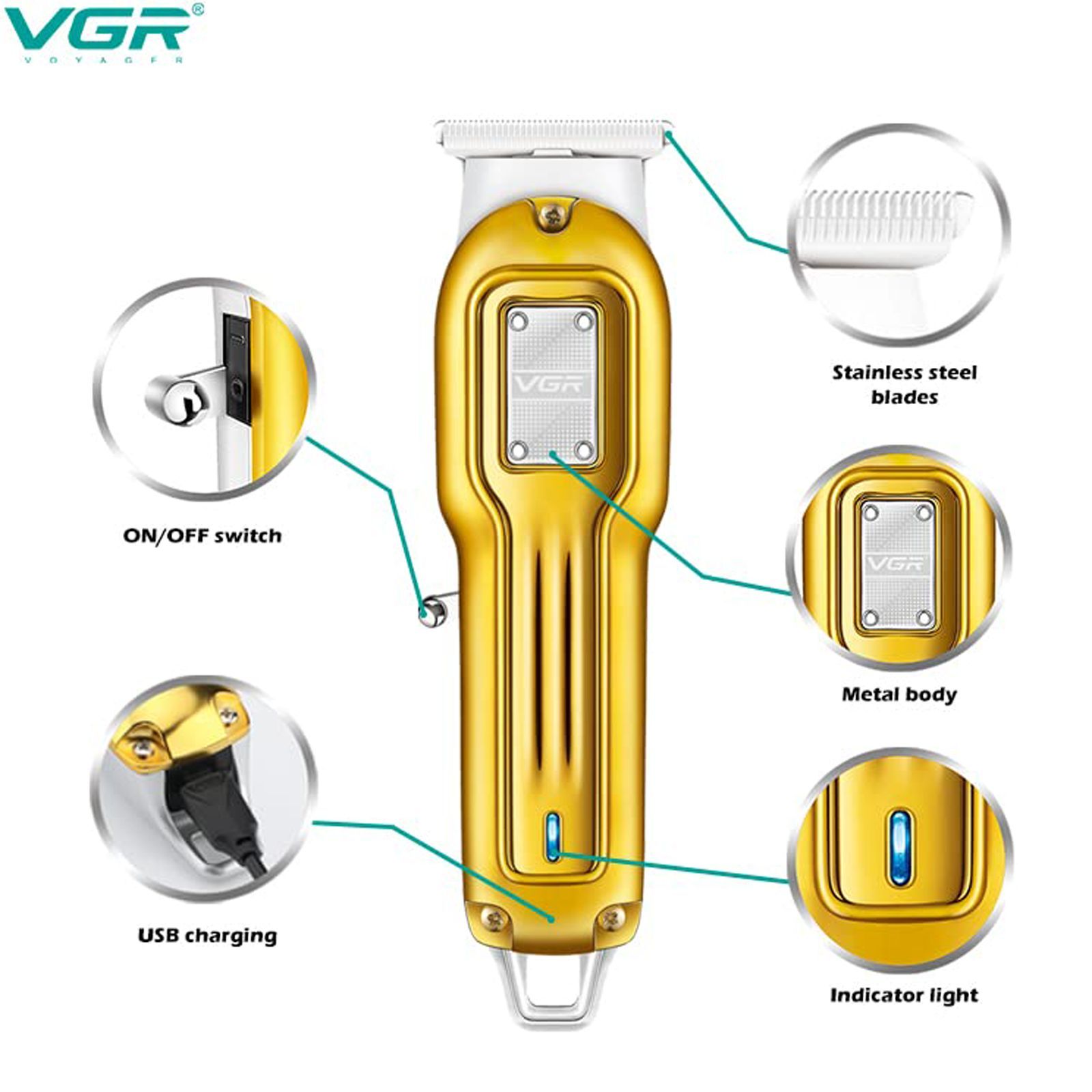 VGR V-919 Rechargeable Cordless Wet & Dry Trimmer for Hair Clipping, Beard, Moustache, Body Grooming & Intimate Areas with 3 Length Settings for Men (100min Runtime, Indicator Light, Gold)_8
