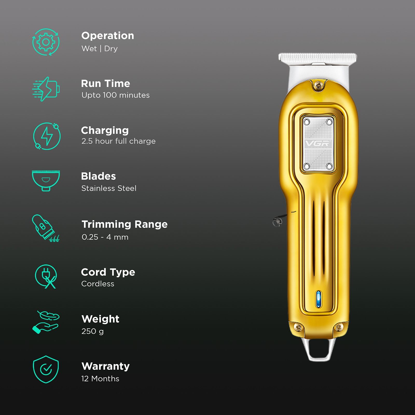 VGR V-919 Rechargeable Cordless Wet & Dry Trimmer for Hair Clipping, Beard, Moustache, Body Grooming & Intimate Areas with 3 Length Settings for Men (100min Runtime, Indicator Light, Gold)_2