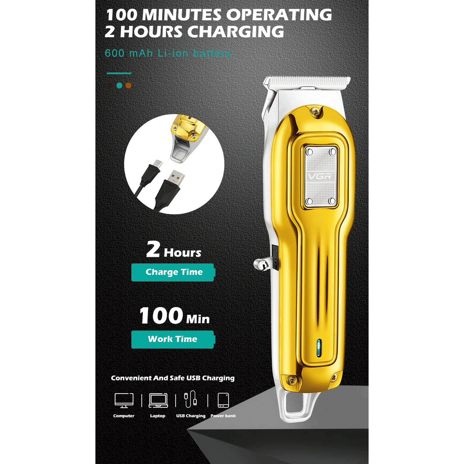 VGR V-919 Rechargeable Cordless Wet & Dry Trimmer for Hair Clipping, Beard, Moustache, Body Grooming & Intimate Areas with 3 Length Settings for Men (100min Runtime, Indicator Light, Gold)_5