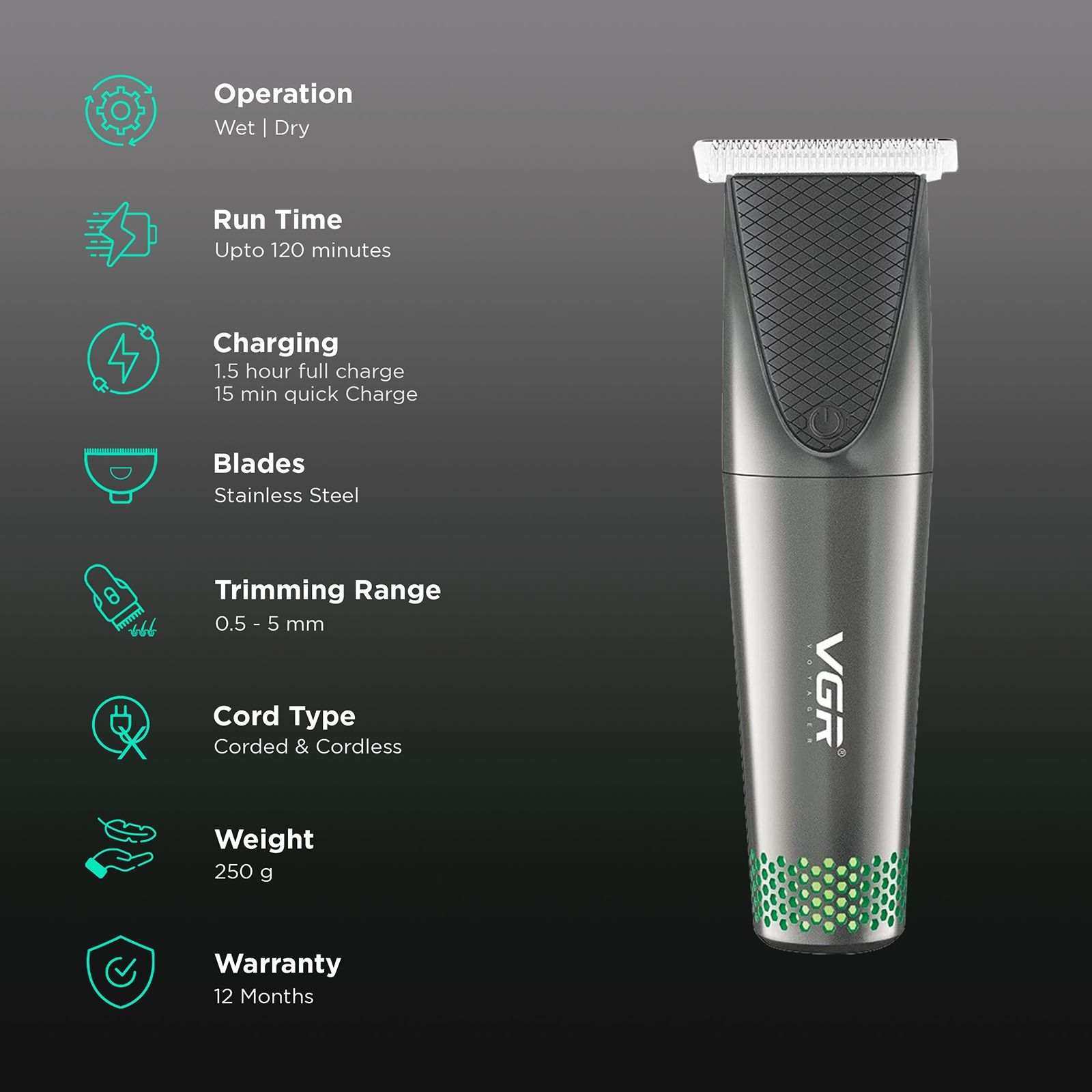 VGR V-925 Rechargeable Corded & Cordless Wet & Dry Trimmer for Hair Clipping, Beard, Moustache & Body Grooming with 3 Length Settings for Men (120min Runtime, Quick Charge, Black)_2