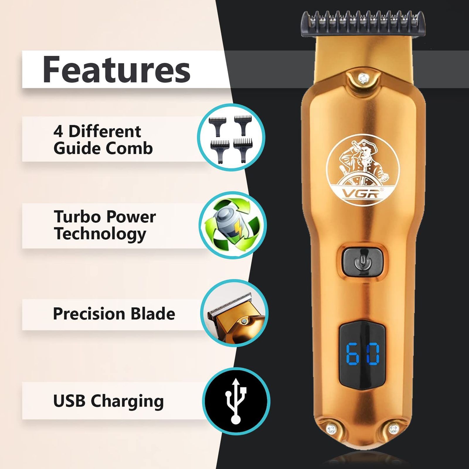 VGR V-927 Rechargeable Corded & Cordless Wet & Dry Trimmer for Hair Clipping, Beard, Moustache & Body Grooming with 4 Length Settings for Men (60min Runtime, LED Display, Gold)_7