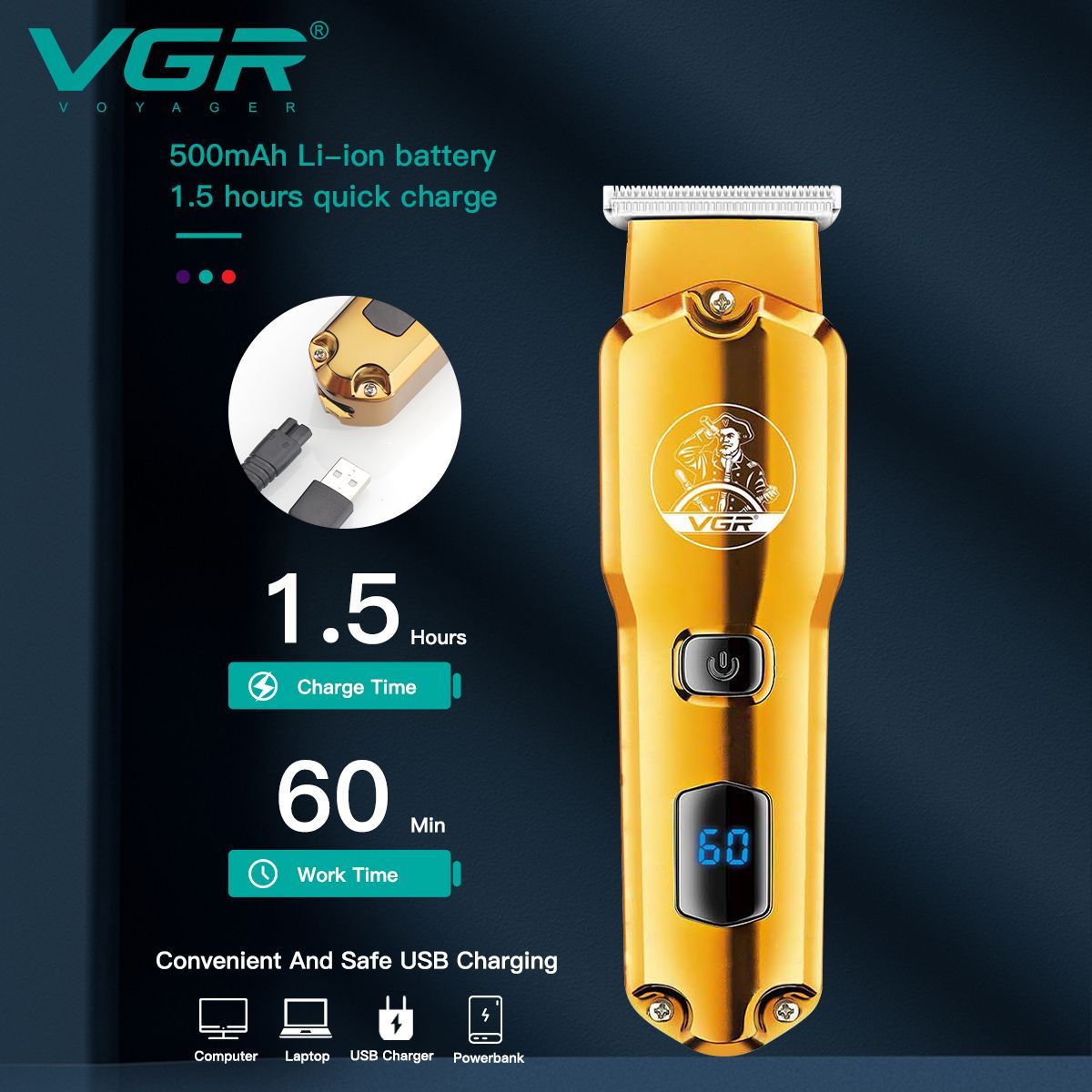 VGR V-927 Rechargeable Corded & Cordless Wet & Dry Trimmer for Hair Clipping, Beard, Moustache & Body Grooming with 4 Length Settings for Men (60min Runtime, LED Display, Gold)_12