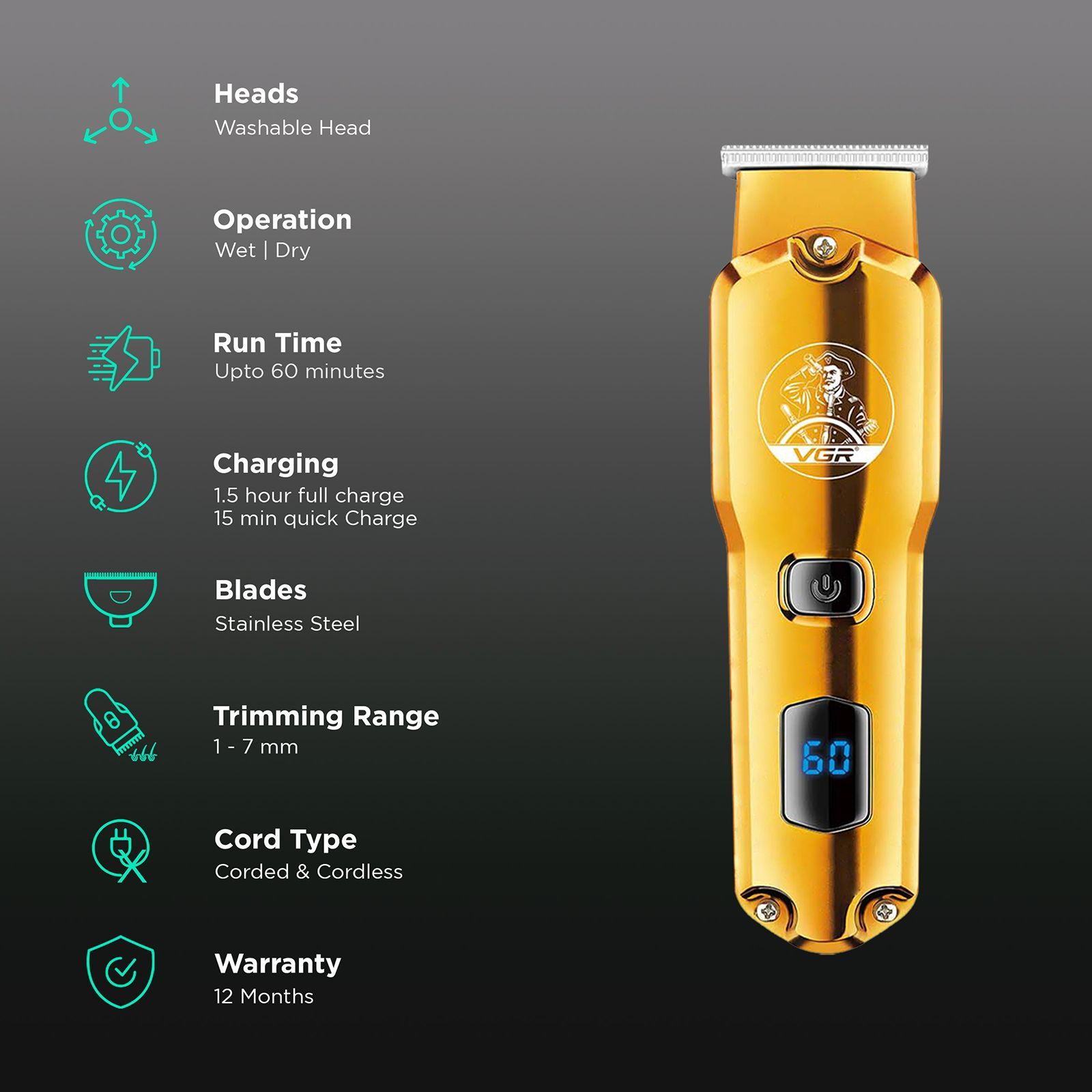 VGR V-927 Rechargeable Corded & Cordless Wet & Dry Trimmer for Hair Clipping, Beard, Moustache & Body Grooming with 4 Length Settings for Men (60min Runtime, LED Display, Gold)_2