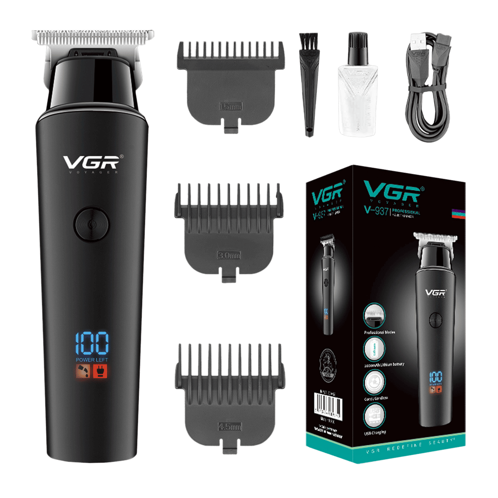 VGR V-937 Rechargeable Corded & Cordless Wet & Dry Trimmer for Hair Clipping, Beard, Moustache & Body Grooming with 3 Length Settings for Men (500min Runtime, LED Display, Black)_1