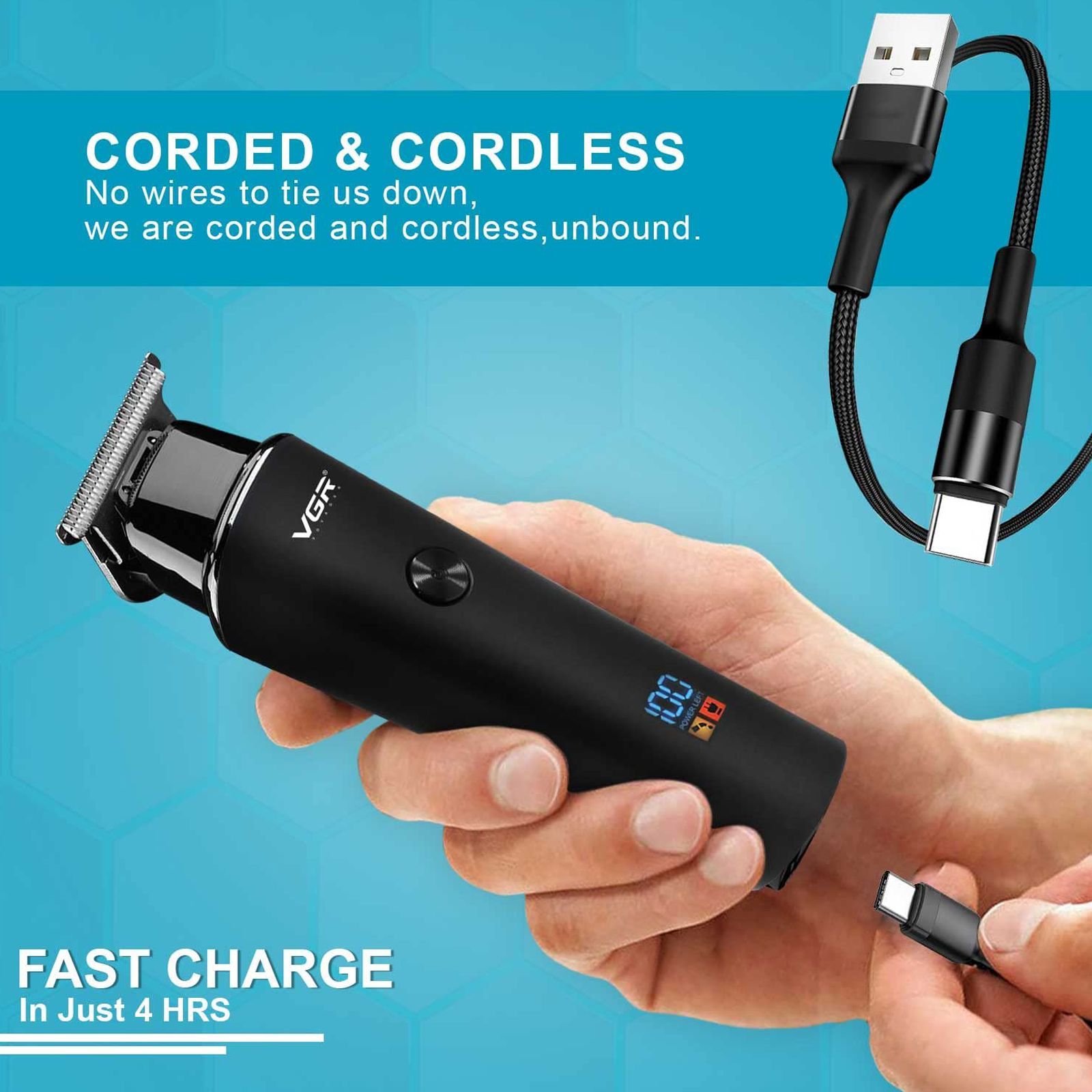 VGR V-937 Rechargeable Corded & Cordless Wet & Dry Trimmer for Hair Clipping, Beard, Moustache & Body Grooming with 3 Length Settings for Men (500min Runtime, LED Display, Black)_9