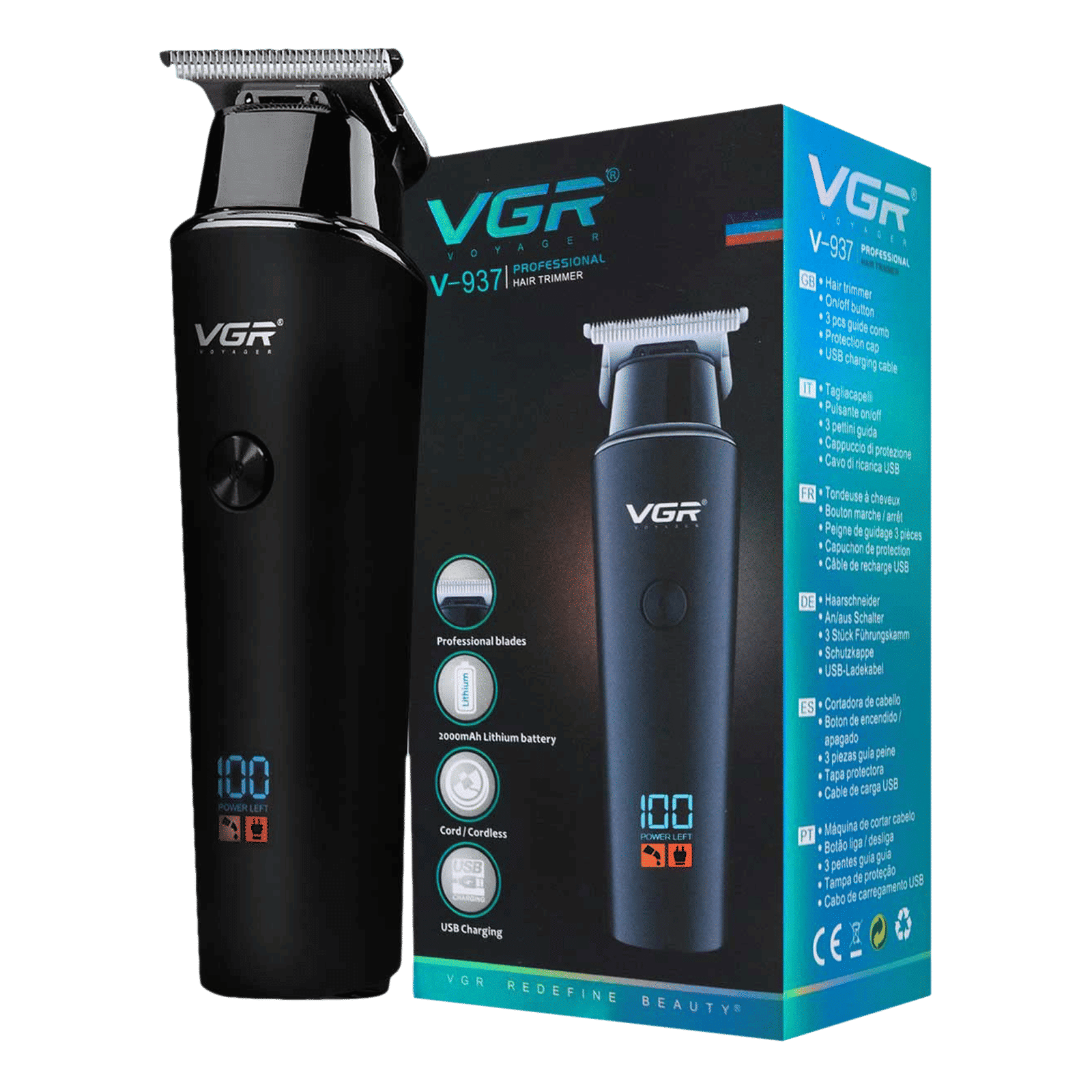 VGR V-937 Rechargeable Corded & Cordless Wet & Dry Trimmer for Hair Clipping, Beard, Moustache & Body Grooming with 3 Length Settings for Men (500min Runtime, LED Display, Black)_11