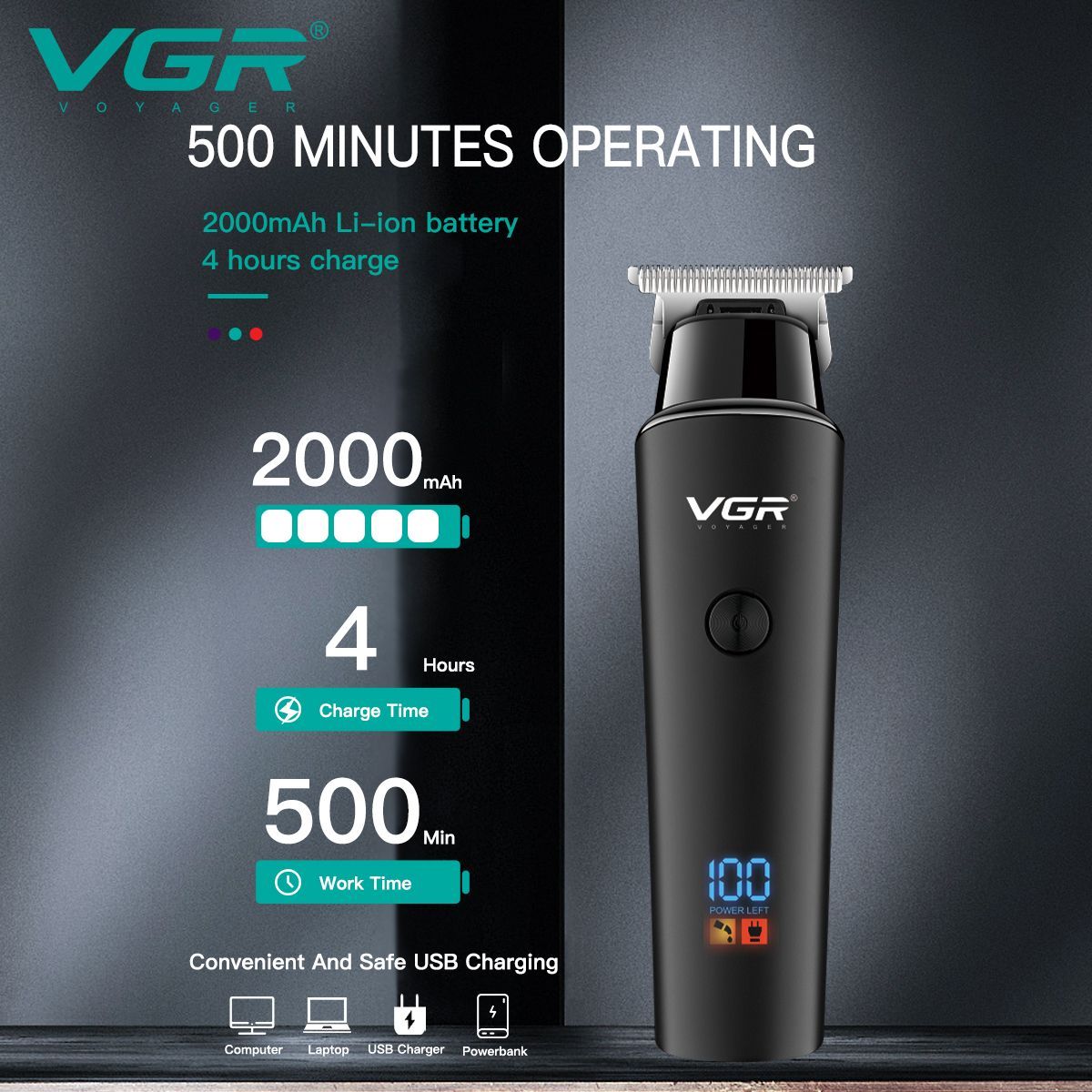 VGR V-937 Rechargeable Corded & Cordless Wet & Dry Trimmer for Hair Clipping, Beard, Moustache & Body Grooming with 3 Length Settings for Men (500min Runtime, LED Display, Black)_13