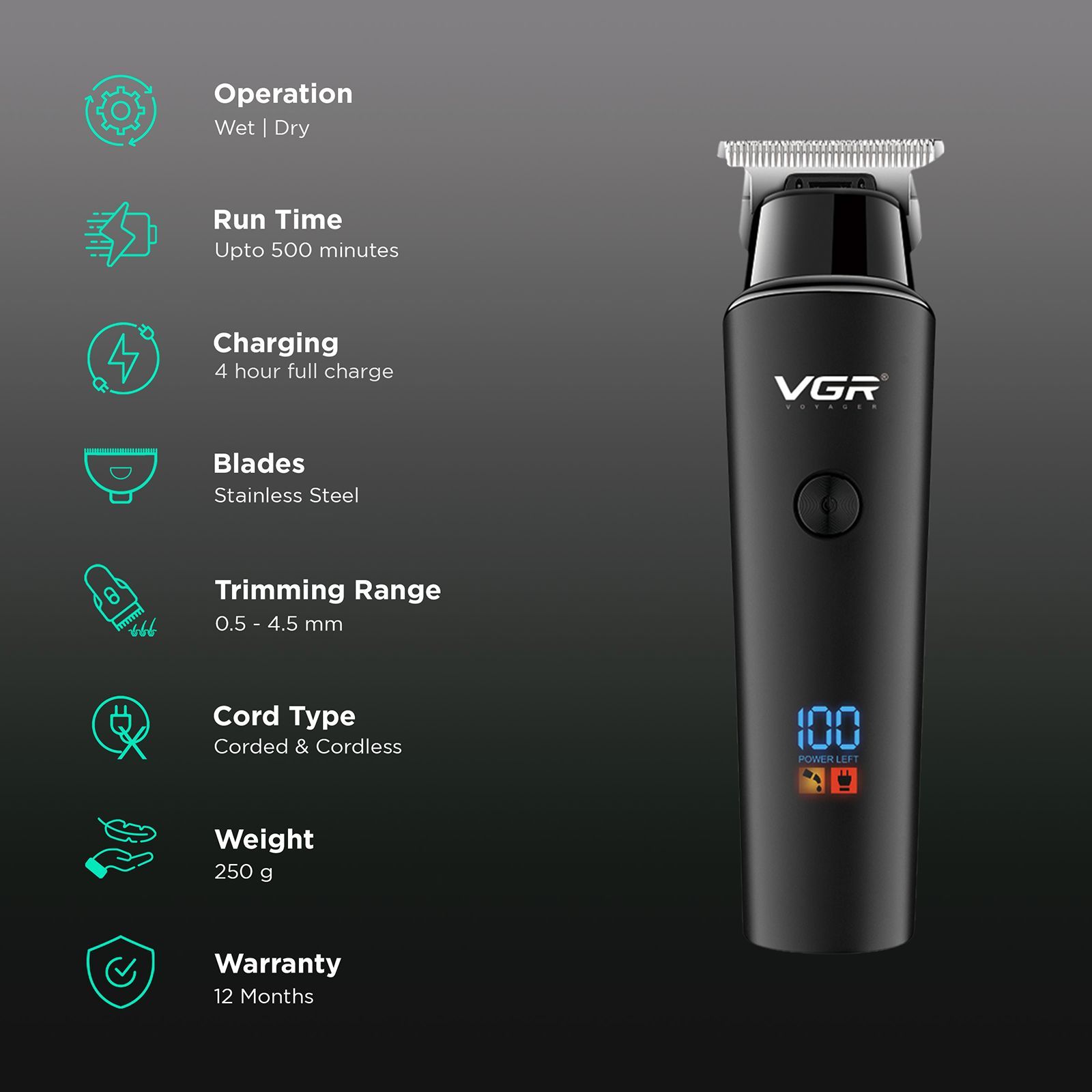 VGR V-937 Rechargeable Corded & Cordless Wet & Dry Trimmer for Hair Clipping, Beard, Moustache & Body Grooming with 3 Length Settings for Men (500min Runtime, LED Display, Black)_2