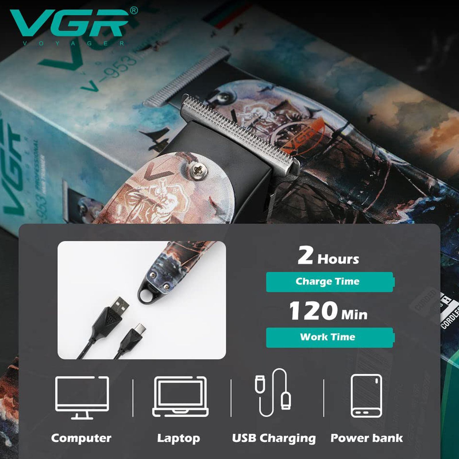 VGR V-953 Rechargeable Cordless Wet & Dry Trimmer for Hair Clipping, Beard, Moustache, Body Grooming & Intimate Areas with 3 Length Settings for Men (120min Runtime, LED Indicator, Multicolor)_6