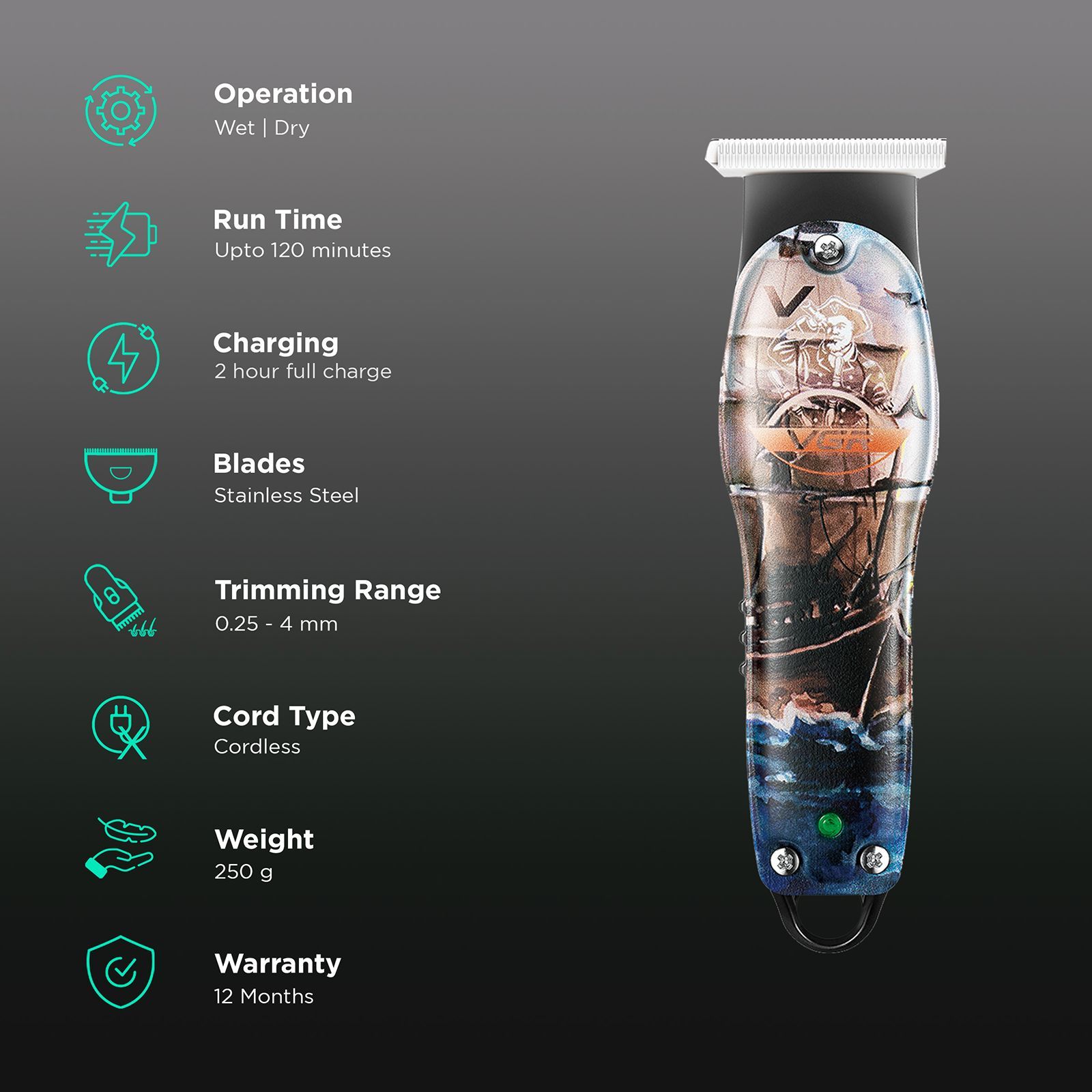 VGR V-953 Rechargeable Cordless Wet & Dry Trimmer for Hair Clipping, Beard, Moustache, Body Grooming & Intimate Areas with 3 Length Settings for Men (120min Runtime, LED Indicator, Multicolor)_2