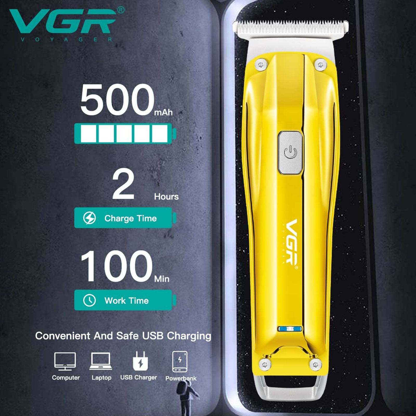 VGR V-955 Rechargeable Corded & Cordless Wet & Dry Trimmer for Hair Clipping, Beard, Moustache & Body Grooming with 3 Length Settings for Men (100min Runtime, LED Indicator, Gold)_4