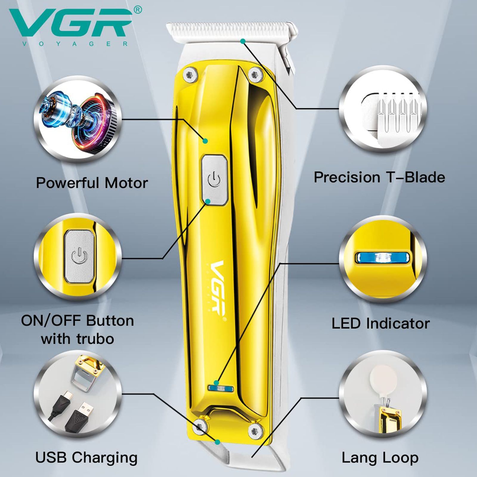 VGR V-955 Rechargeable Corded & Cordless Wet & Dry Trimmer for Hair Clipping, Beard, Moustache & Body Grooming with 3 Length Settings for Men (100min Runtime, LED Indicator, Gold)_7