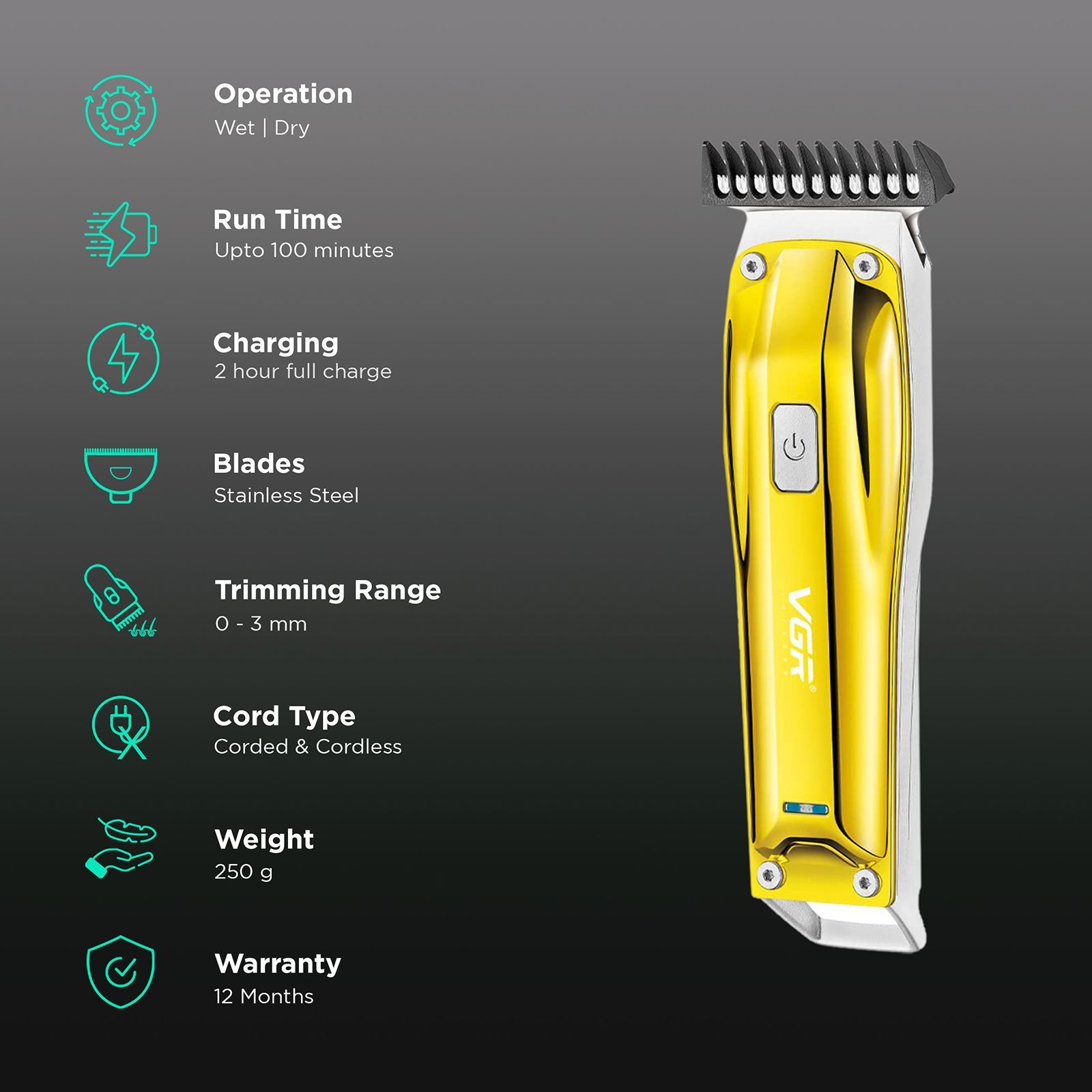 VGR V-955 Rechargeable Corded & Cordless Wet & Dry Trimmer for Hair Clipping, Beard, Moustache & Body Grooming with 3 Length Settings for Men (100min Runtime, LED Indicator, Gold)_2