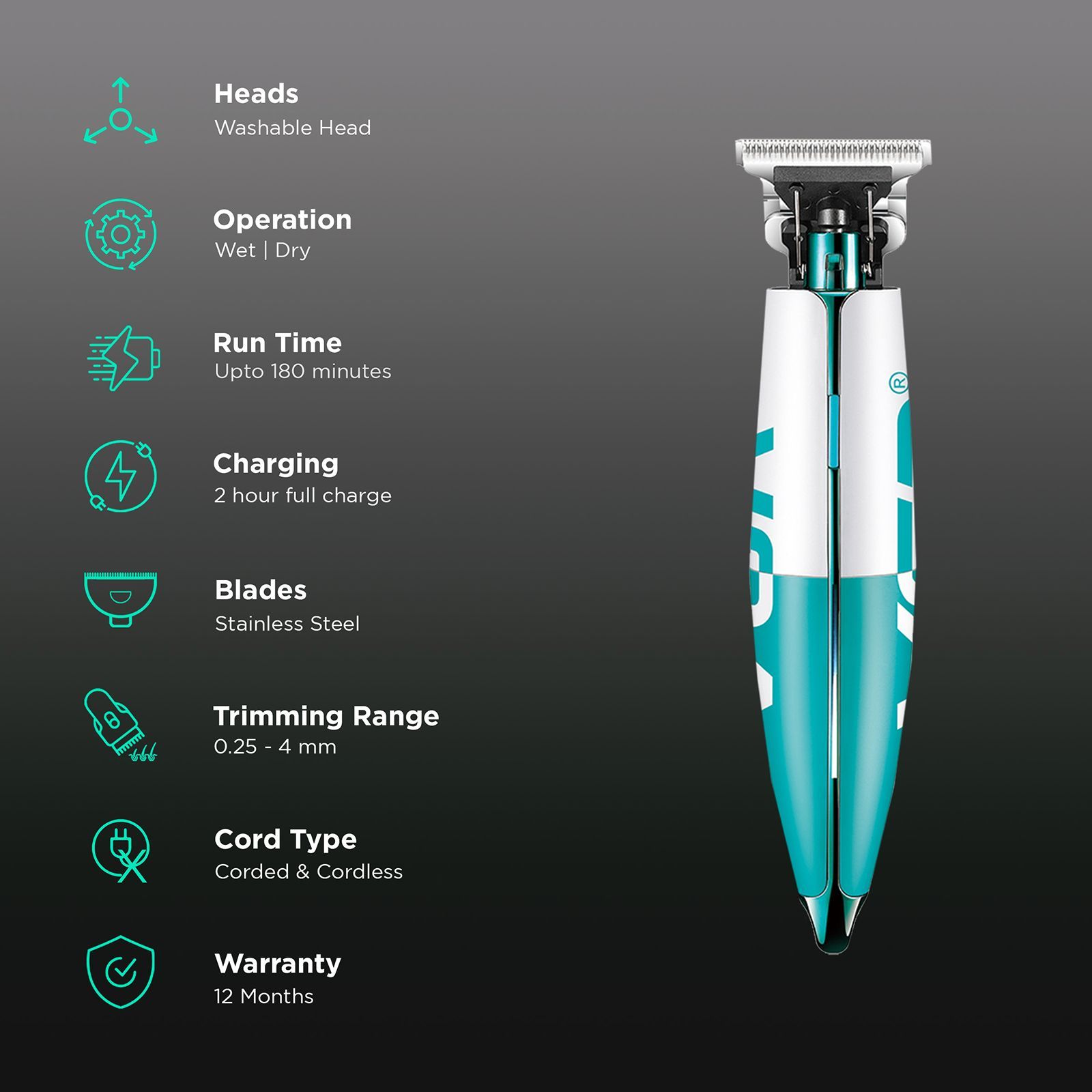 VGR V-958 Rechargeable Corded & Cordless Wet & Dry Trimmer for Hair Clipping, Beard, Moustache, Body Grooming & Intimate Areas with 5 Length Settings for Men (180min Runtime, LED Indicator, Blue) VGR V-958 Rechargeable Corded & Cordless Wet & Dry Trimmer for Hair Clipping, Beard, Moustache, Body Grooming & Intimate Areas with 5 Length Settings for Men (180min Runtime, LED Indicator, Blue)_2