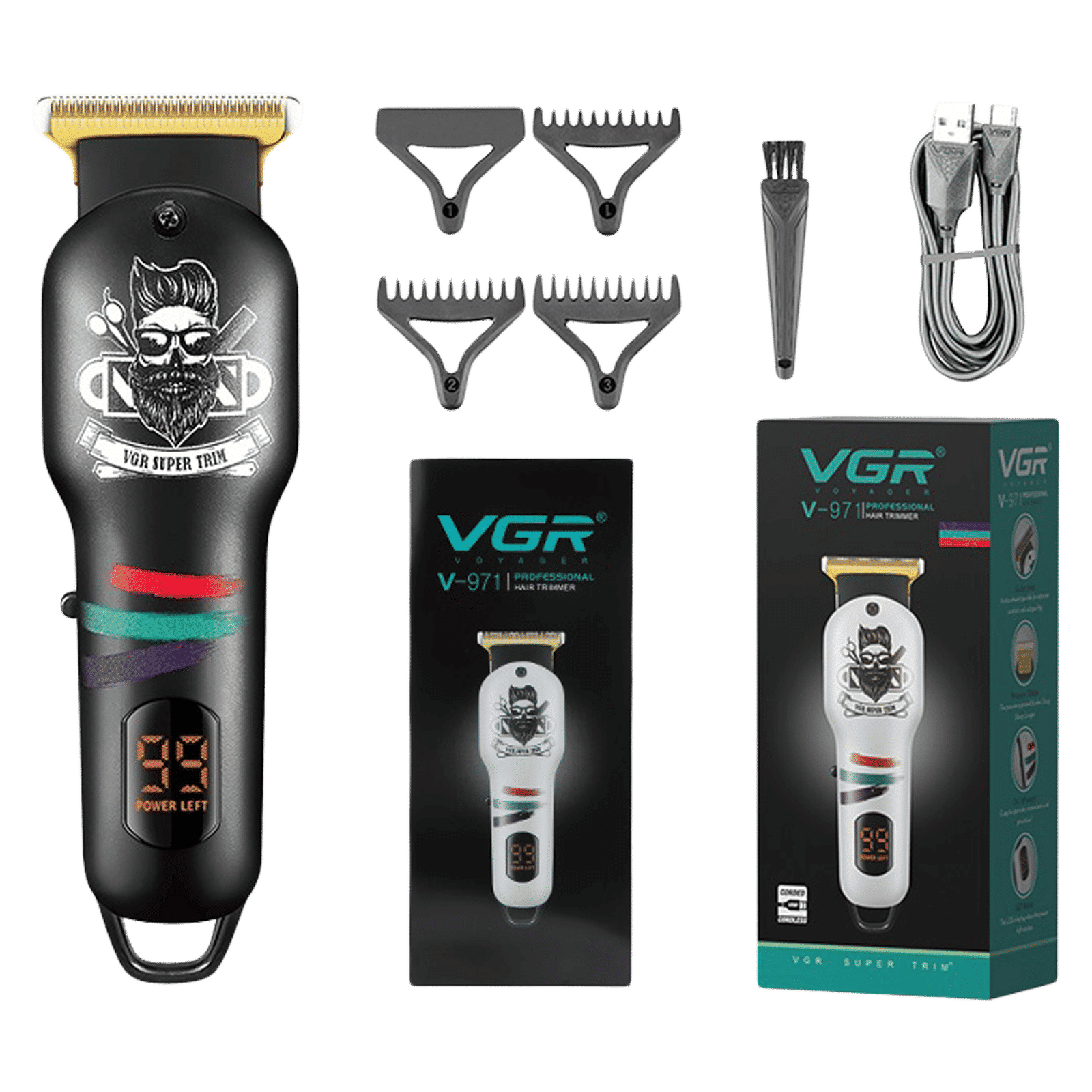 VGR V-971 Rechargeable Corded & Cordless Wet & Dry Trimmer for Hair Clipping, Beard, Moustache, Body Grooming & Intimate Areas with 3 Length Settings for Men (120min Runtime, LED Digital Display, Black)_3