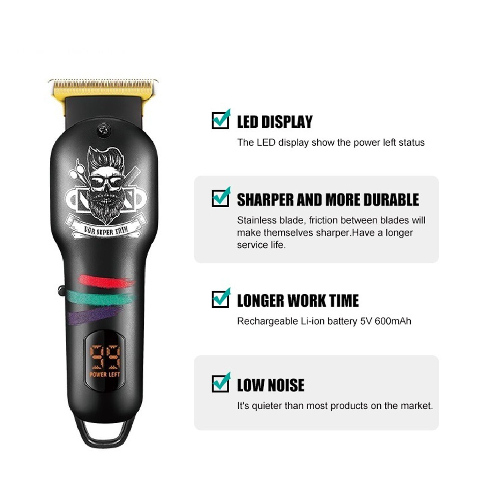 VGR V-971 Rechargeable Corded & Cordless Wet & Dry Trimmer for Hair Clipping, Beard, Moustache, Body Grooming & Intimate Areas with 3 Length Settings for Men (120min Runtime, LED Digital Display, Black)_5