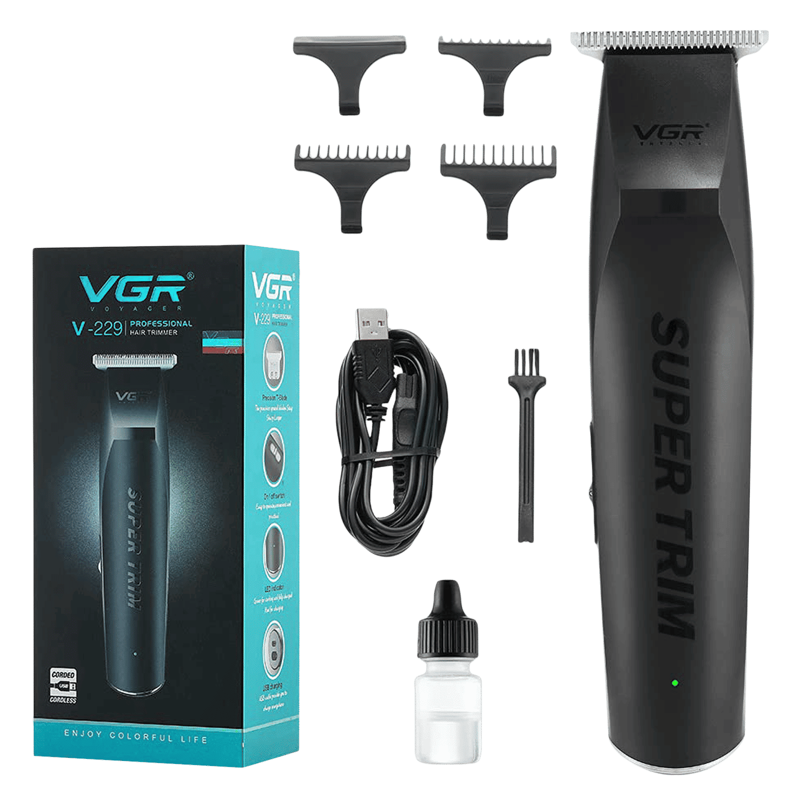 VGR V-229 Rechargeable Corded & Cordless Wet & Dry Trimmer for Hair Clipping, Beard, Moustache & Body Grooming with 3 Length Settings for Men (120min Runtime, Indicator Light, Black)_1