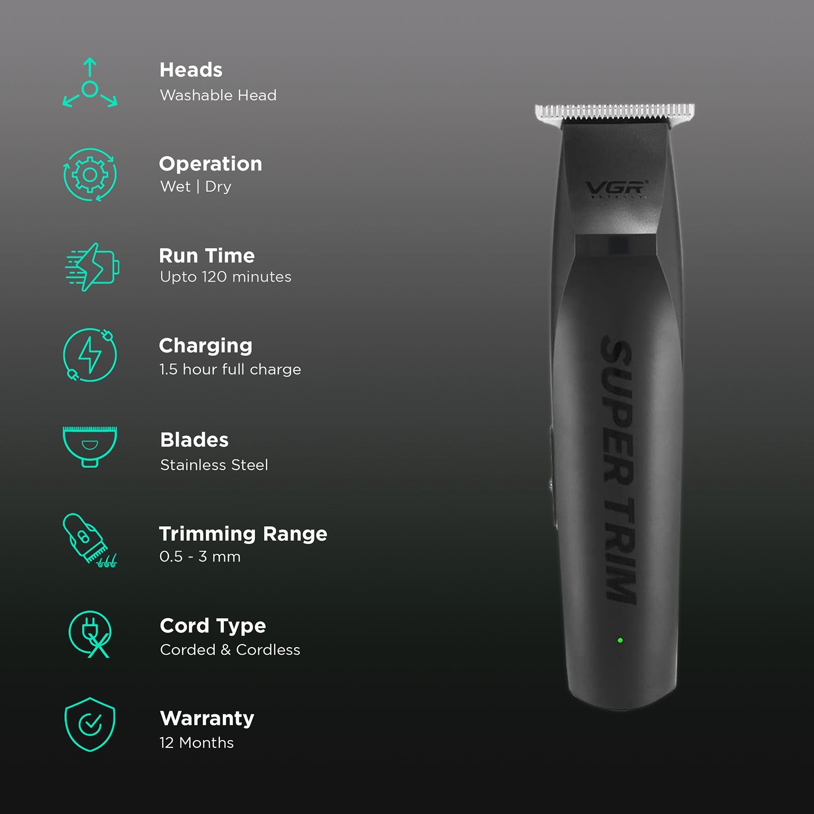 VGR V-229 Rechargeable Corded & Cordless Wet & Dry Trimmer for Hair Clipping, Beard, Moustache & Body Grooming with 3 Length Settings for Men (120min Runtime, Indicator Light, Black)_2
