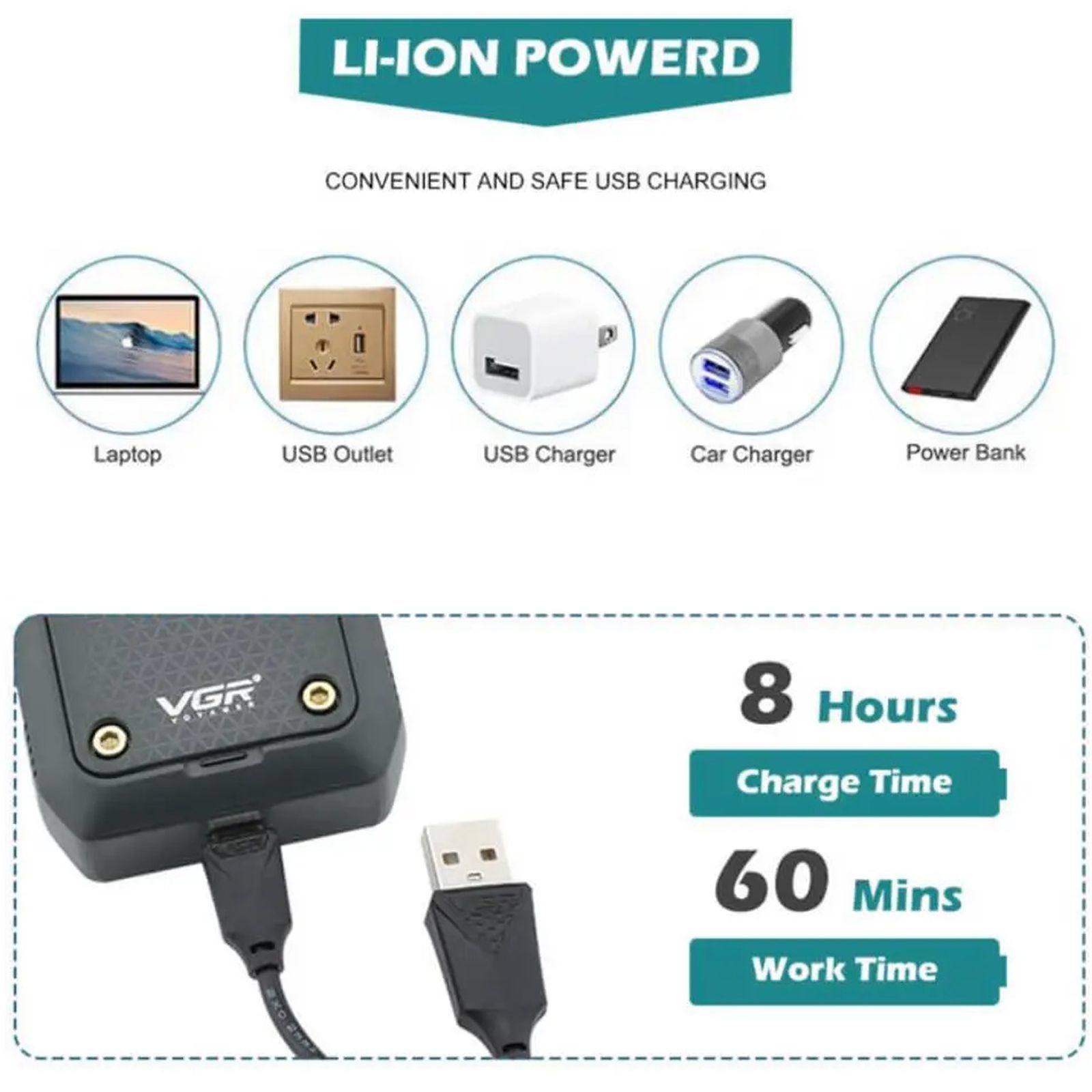 VGR V-353 Rechargeable Cordless Shaver for Hair Clipping, Body Grooming, Intimate Areas, Beard & Moustache for Men (60min Runtime, LED Indicator, Black)_5