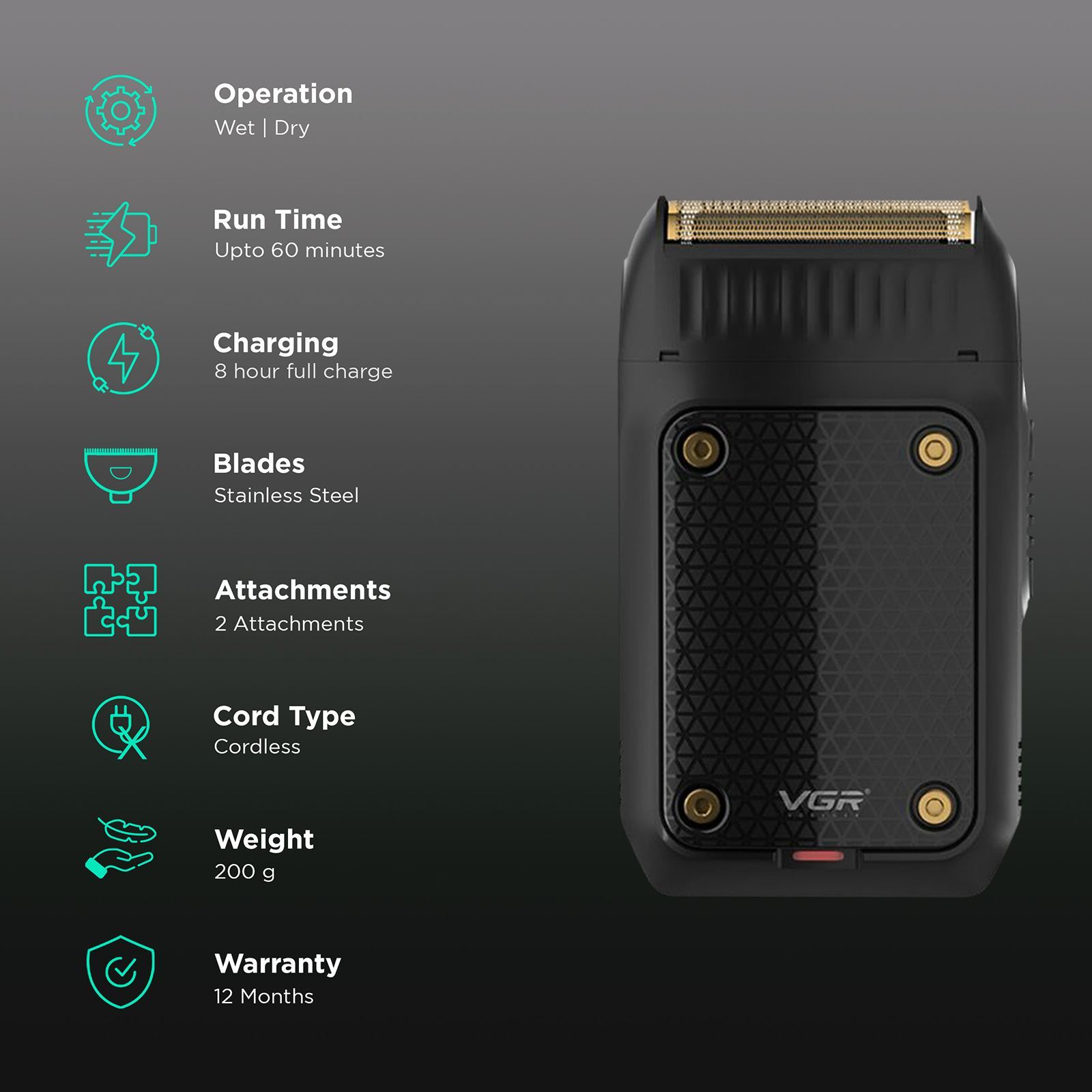 VGR V-353 Rechargeable Cordless Shaver for Hair Clipping, Body Grooming, Intimate Areas, Beard & Moustache for Men (60min Runtime, LED Indicator, Black)_2