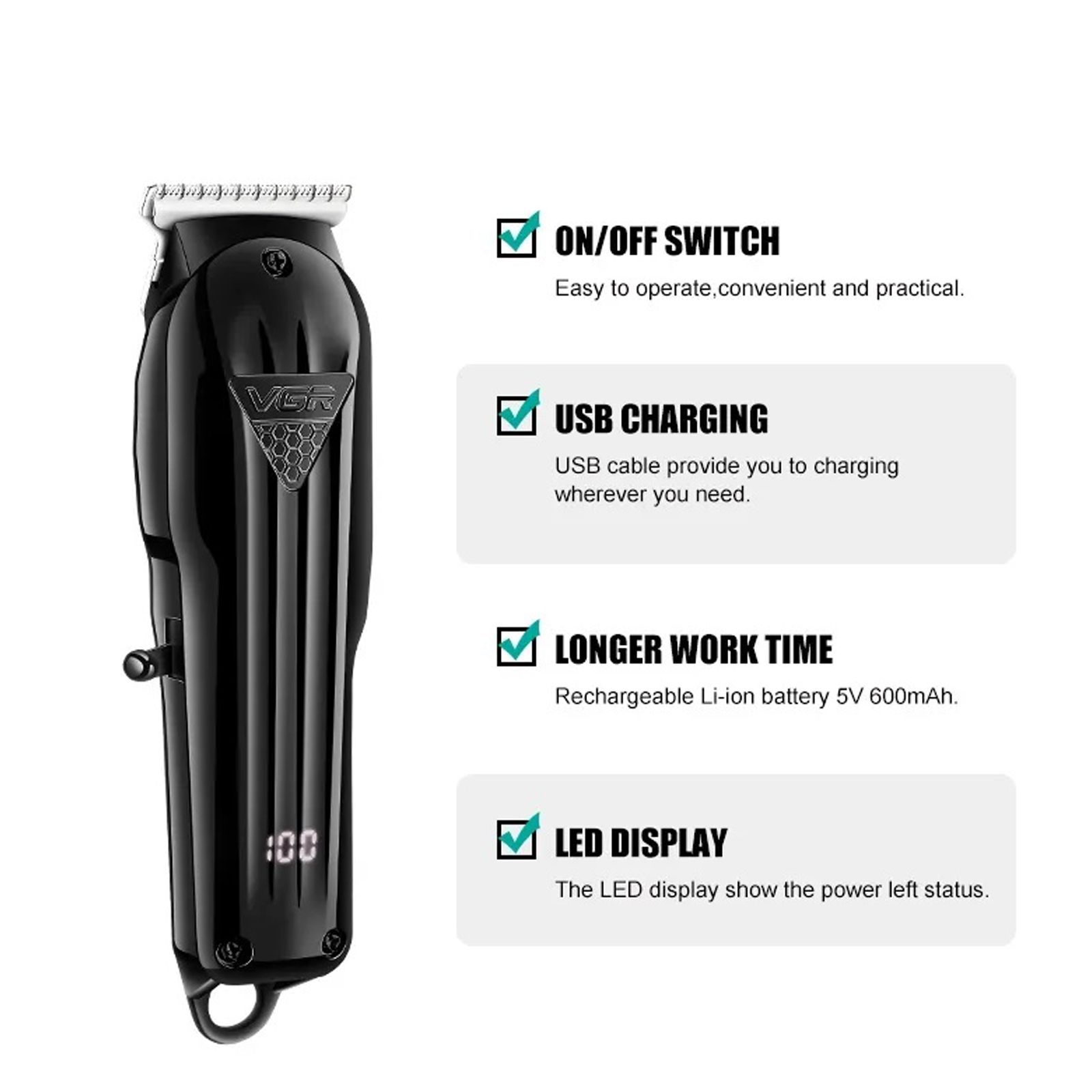 VGR V-982 Rechargeable Corded & Cordless Wet & Dry Trimmer for Hair Clipping, Beard, Moustache, Body Grooming & Intimate Areas with 4 Length Settings for Men (120min Runtime, LED Digital Display, Black)_7