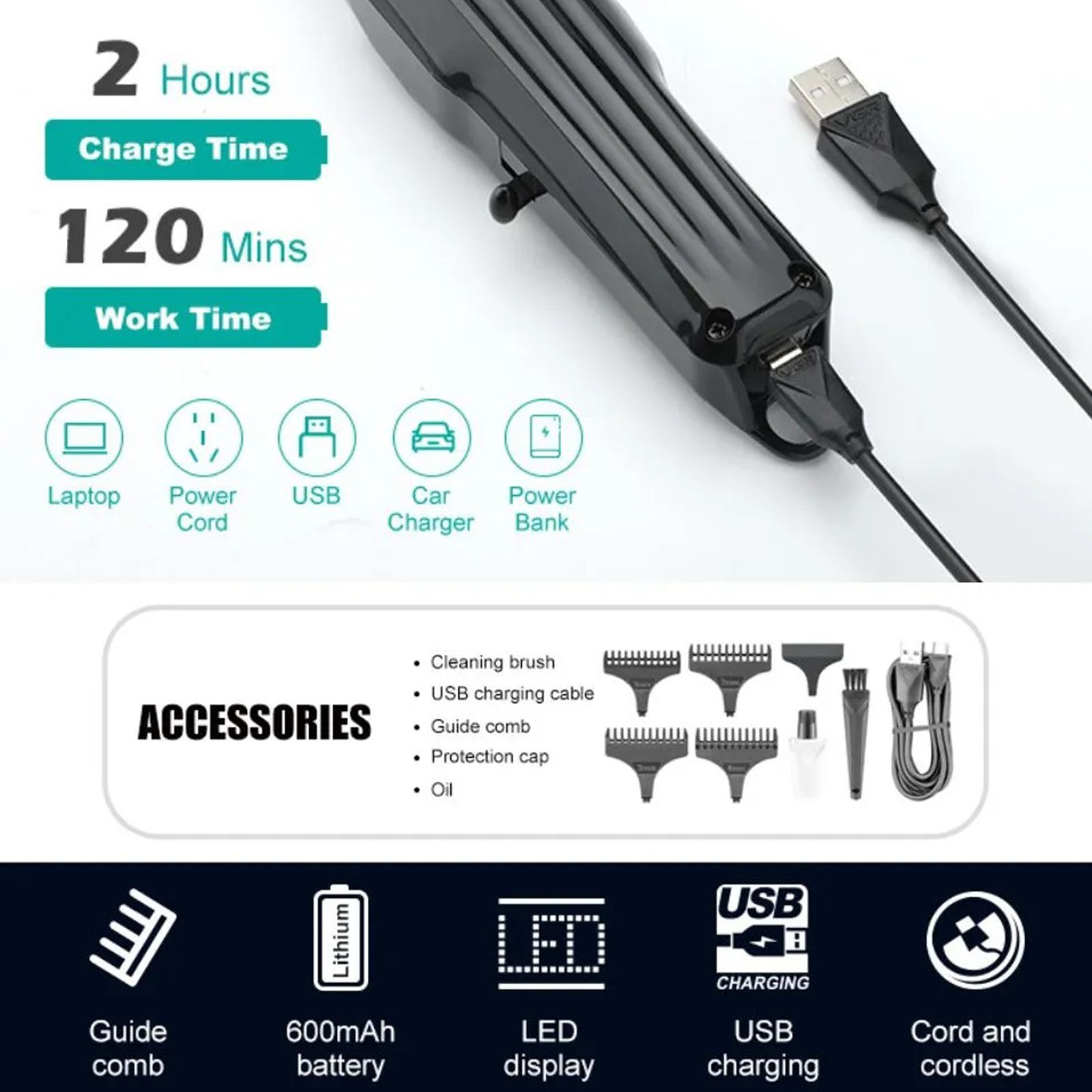 VGR V-982 Rechargeable Corded & Cordless Wet & Dry Trimmer for Hair Clipping, Beard, Moustache, Body Grooming & Intimate Areas with 4 Length Settings for Men (120min Runtime, LED Digital Display, Black)_5