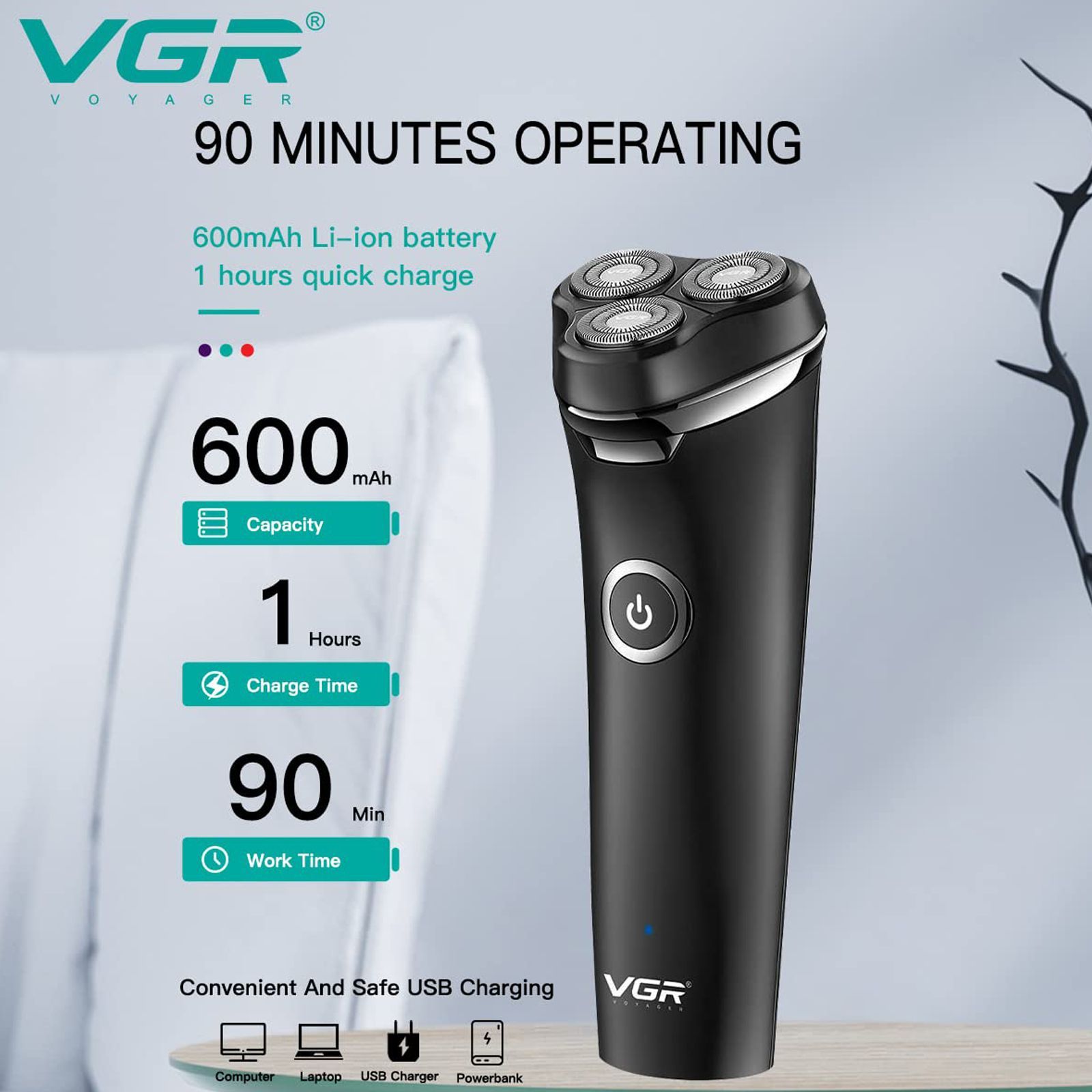 VGR V-319 Premium Rechargeable Corded & Cordless Shaver for Beard & Moustache for Men (90min Runtime, IPX6 Waterproof, Black)_6