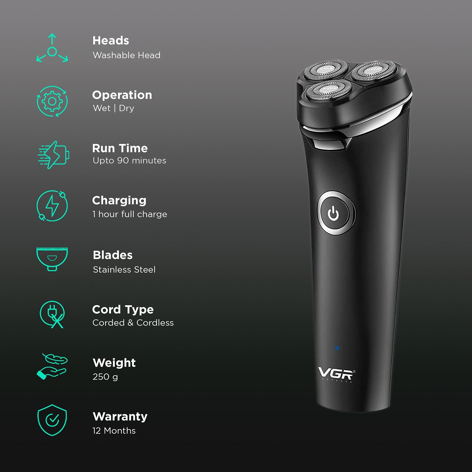 VGR V-319 Premium Rechargeable Corded & Cordless Shaver for Beard & Moustache for Men (90min Runtime, IPX6 Waterproof, Black)_2