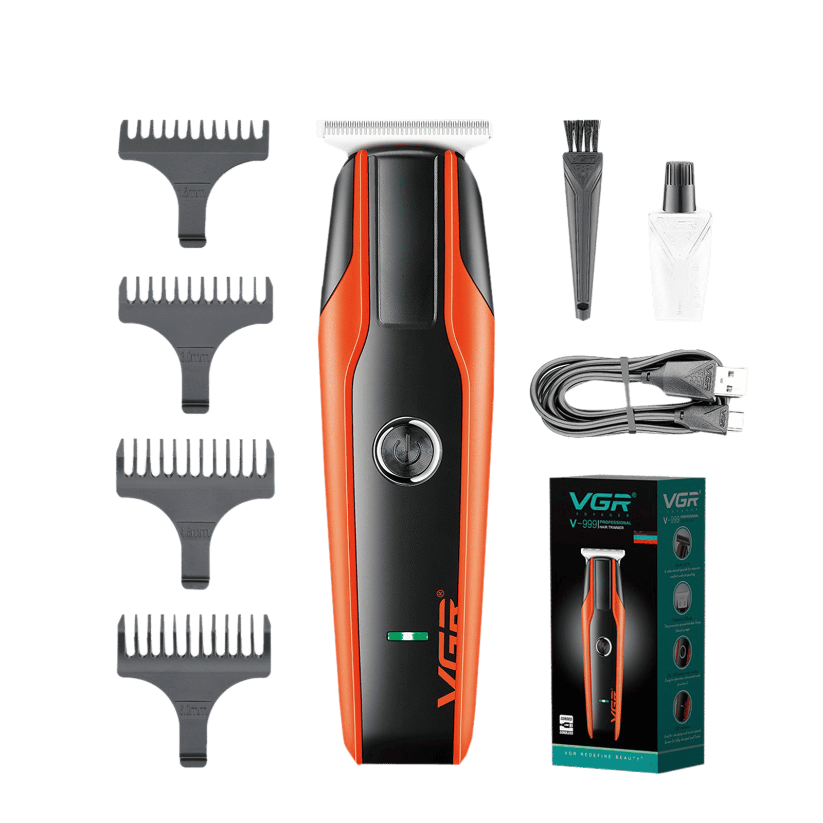 VGR V-999 Rechargeable Corded & Cordless Wet & Dry Trimmer for Hair Clipping, Beard, Moustache, Body Grooming & Intimate Areas with 4 Length Settings for Men (120min Runtime, LED Indicator, Orange)_1