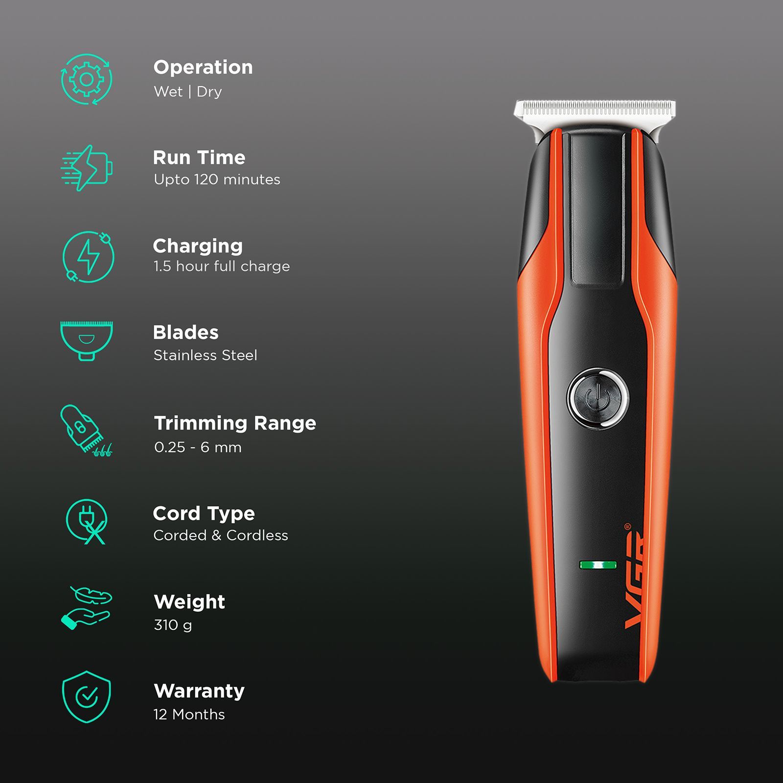 VGR V-999 Rechargeable Corded & Cordless Wet & Dry Trimmer for Hair Clipping, Beard, Moustache, Body Grooming & Intimate Areas with 4 Length Settings for Men (120min Runtime, LED Indicator, Orange)_2