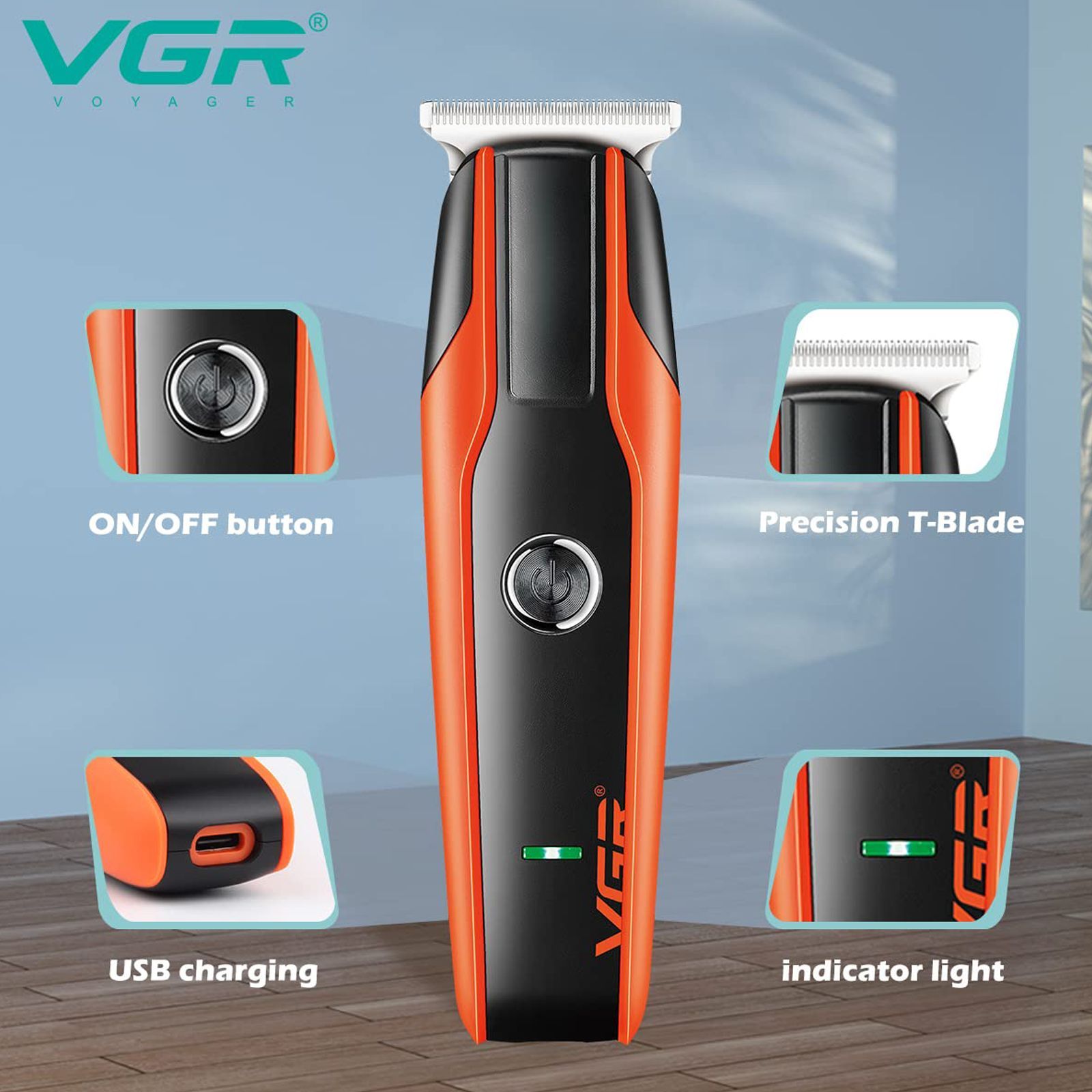 VGR V-999 Rechargeable Corded & Cordless Wet & Dry Trimmer for Hair Clipping, Beard, Moustache, Body Grooming & Intimate Areas with 4 Length Settings for Men (120min Runtime, LED Indicator, Orange)_6