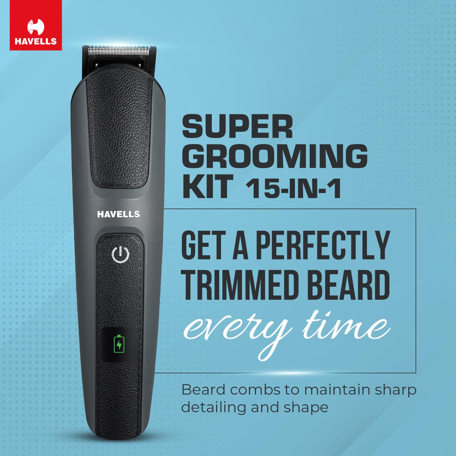 HAVELLS SUPER 15-in-1 Rechargeable Cordless Grooming Kit for Hair, Beard, Body Groomer, Nose & Ear for Men (120min Runtime, IPX7 Waterproof, Black)_7