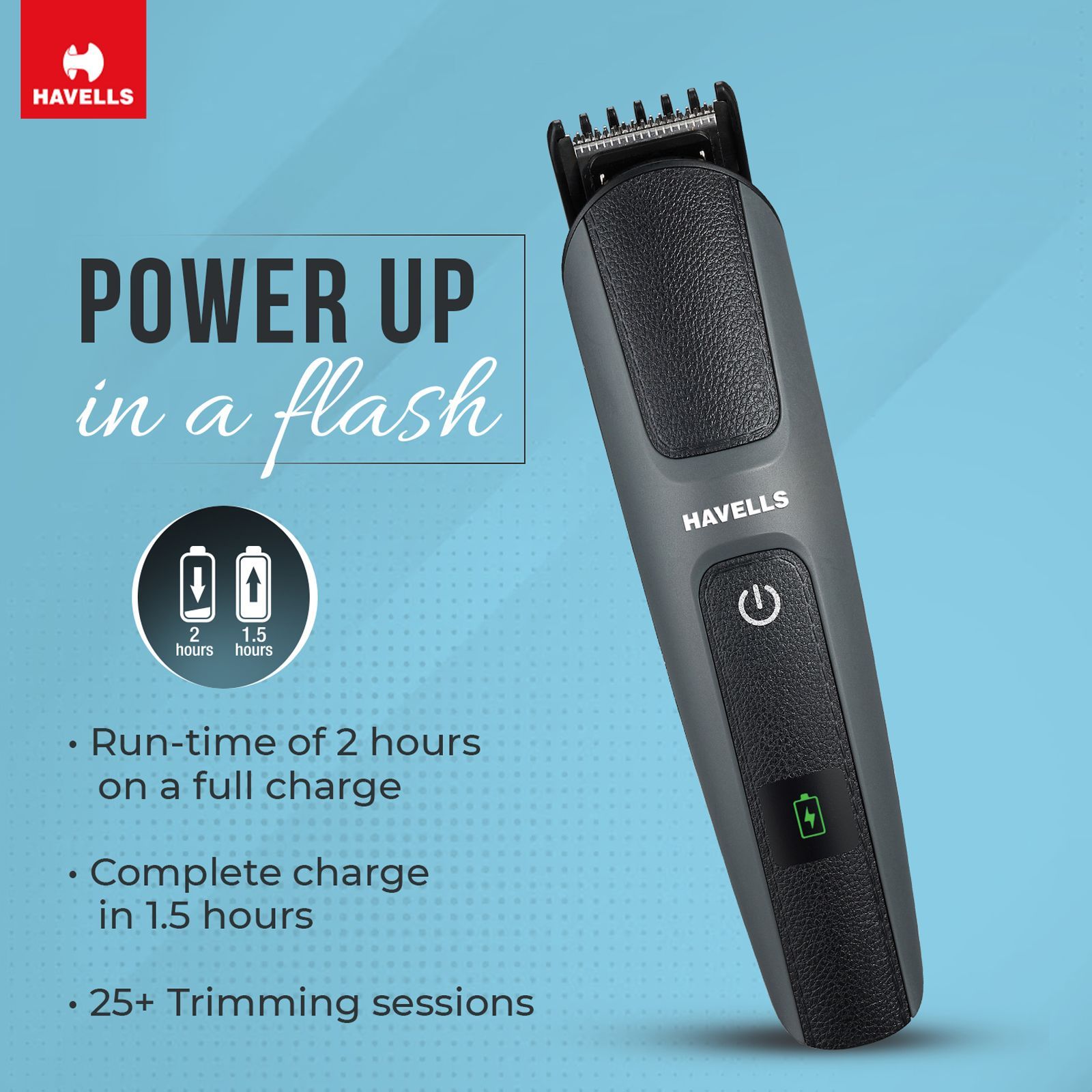 HAVELLS SUPER 15-in-1 Rechargeable Cordless Grooming Kit for Hair, Beard, Body Groomer, Nose & Ear for Men (120min Runtime, IPX7 Waterproof, Black)_11