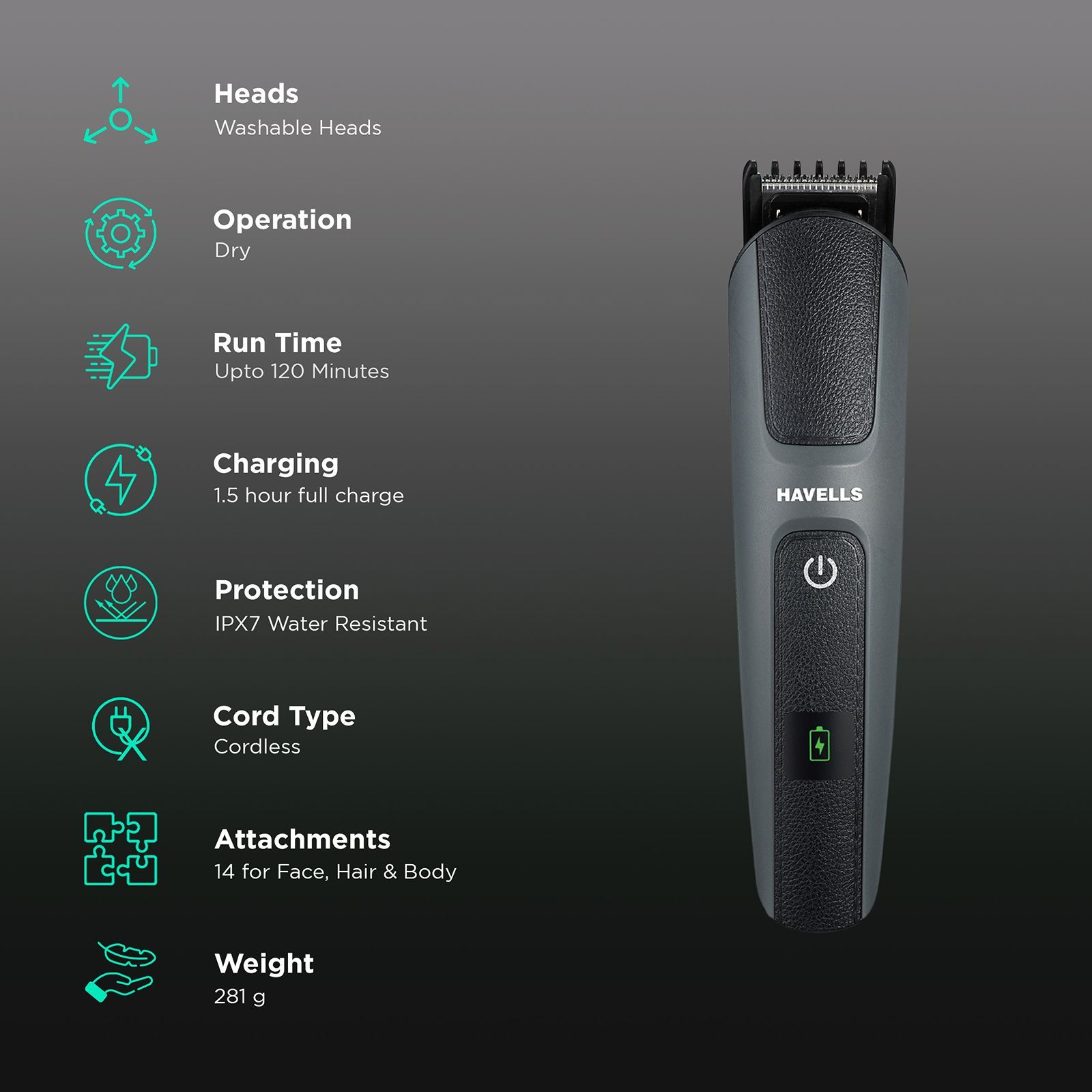 HAVELLS SUPER 15-in-1 Rechargeable Cordless Grooming Kit for Hair, Beard, Body Groomer, Nose & Ear for Men (120min Runtime, IPX7 Waterproof, Black)_2
