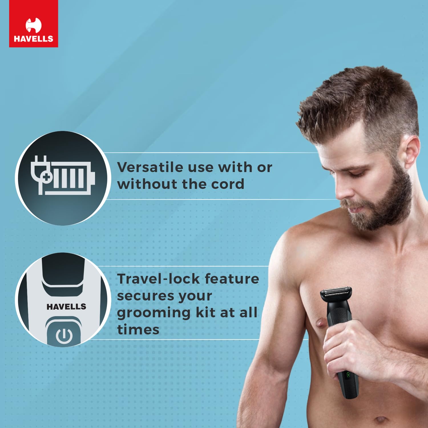 HAVELLS SUPER 15-in-1 Rechargeable Cordless Grooming Kit for Hair, Beard, Body Groomer, Nose & Ear for Men (120min Runtime, IPX7 Waterproof, Black)_6