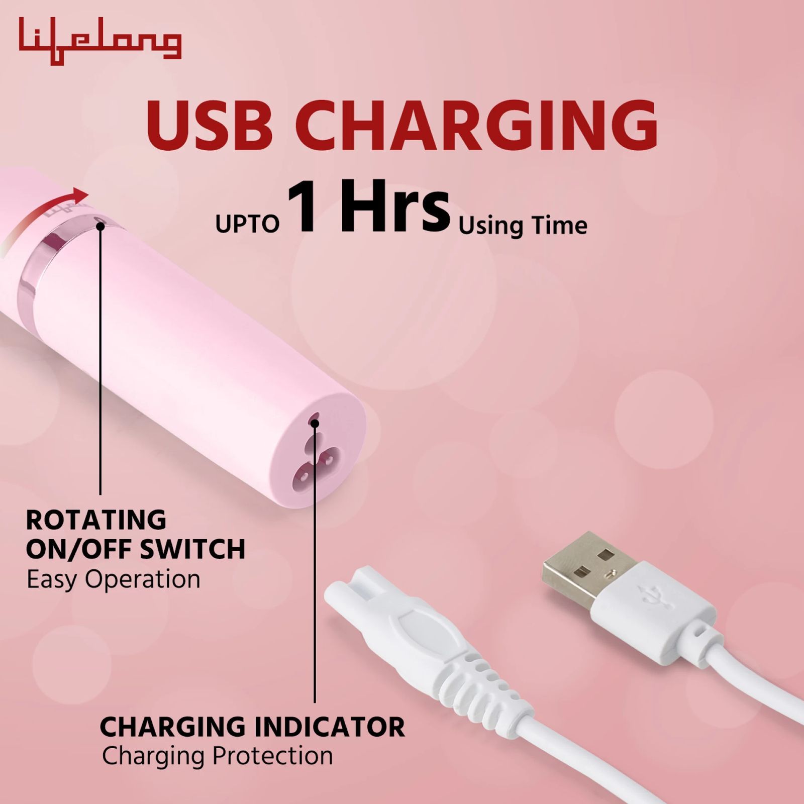 Lifelong LLPCW203 Rechargeable Cordless Wet and Dry Trimmer for Body, Face, Eyebrow and Bikini Area with 1 Length Settings for Women (60mins Runtime, 3D Rotating Shaver, Pink)_2