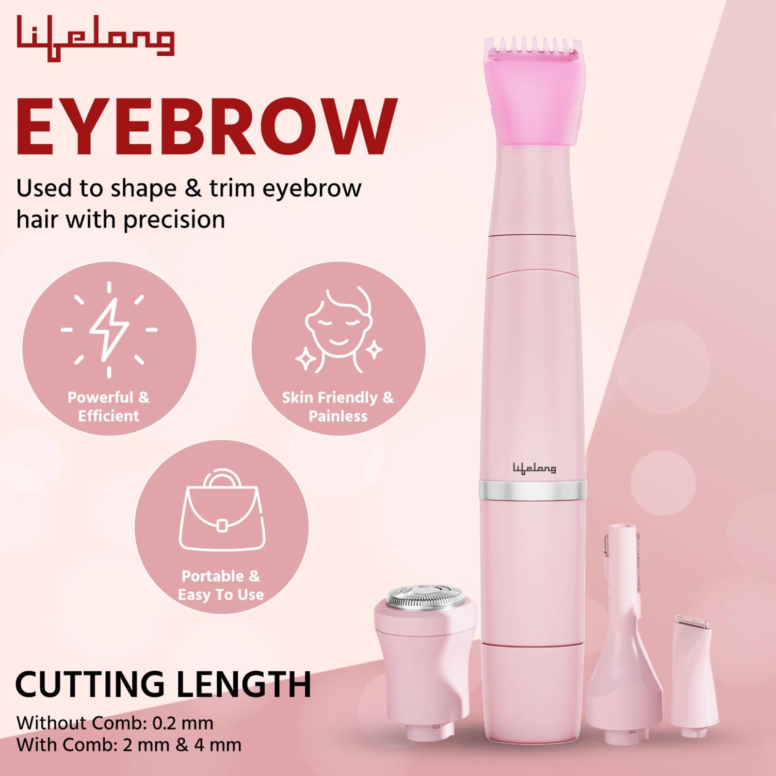 Lifelong LLPCW203 Rechargeable Cordless Wet and Dry Trimmer for Body, Face, Eyebrow and Bikini Area with 1 Length Settings for Women (60mins Runtime, 3D Rotating Shaver, Pink)_3