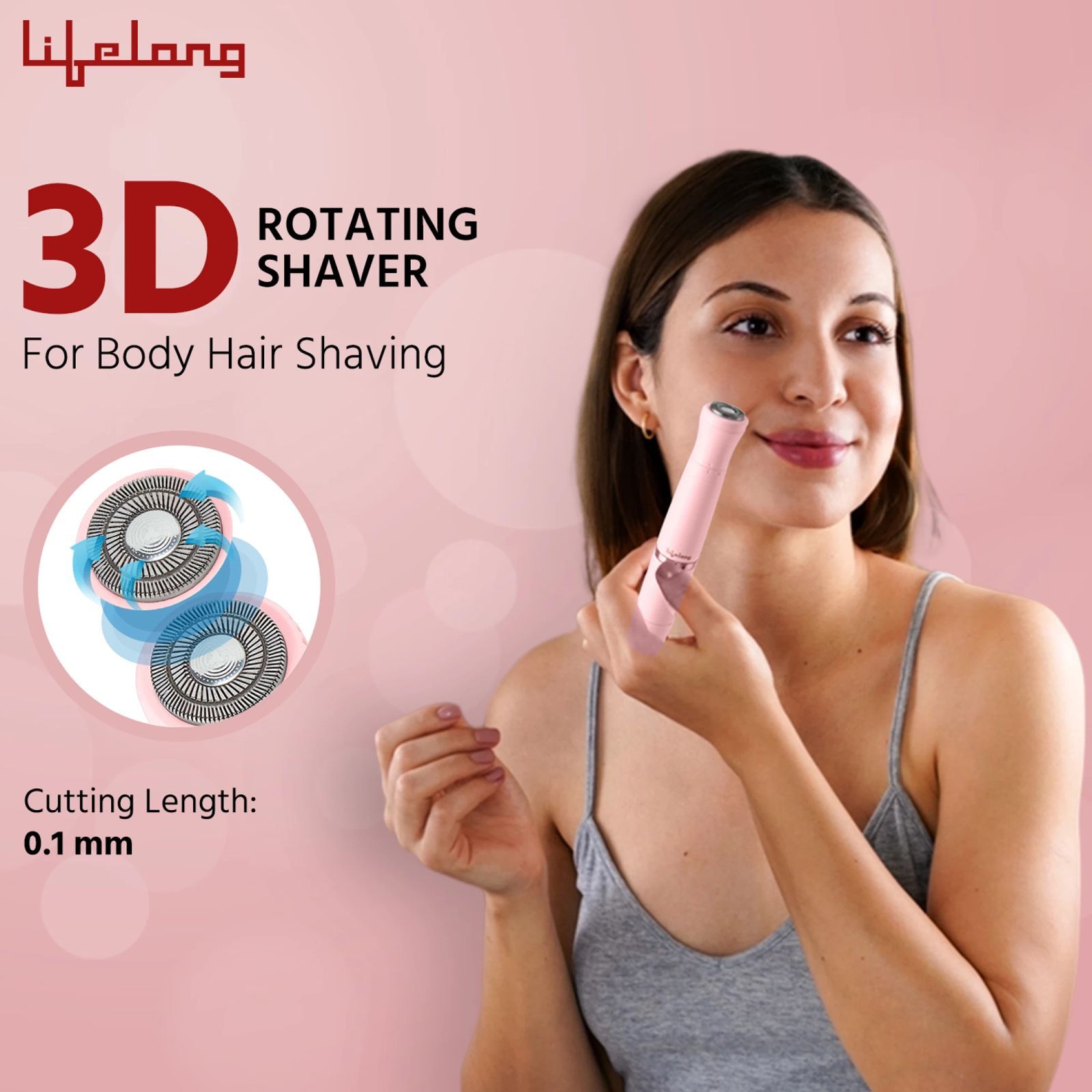 Lifelong LLPCW203 Rechargeable Cordless Wet and Dry Trimmer for Body, Face, Eyebrow and Bikini Area with 1 Length Settings for Women (60mins Runtime, 3D Rotating Shaver, Pink)_5