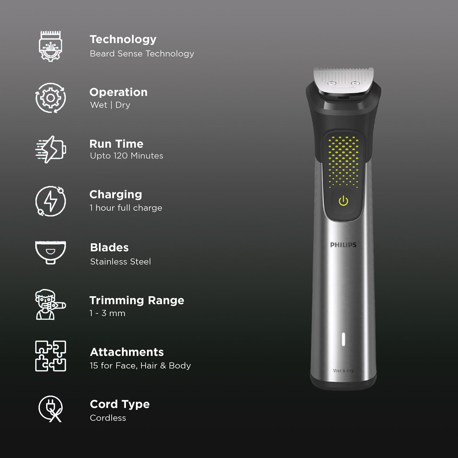 PHILIPS Series 9000 15-in-1 Rechargeable Cordless Grooming Kit for Face, Head and Body for Men (120mins Runtime, Beard Sense Technology, Stainless Steel)_2