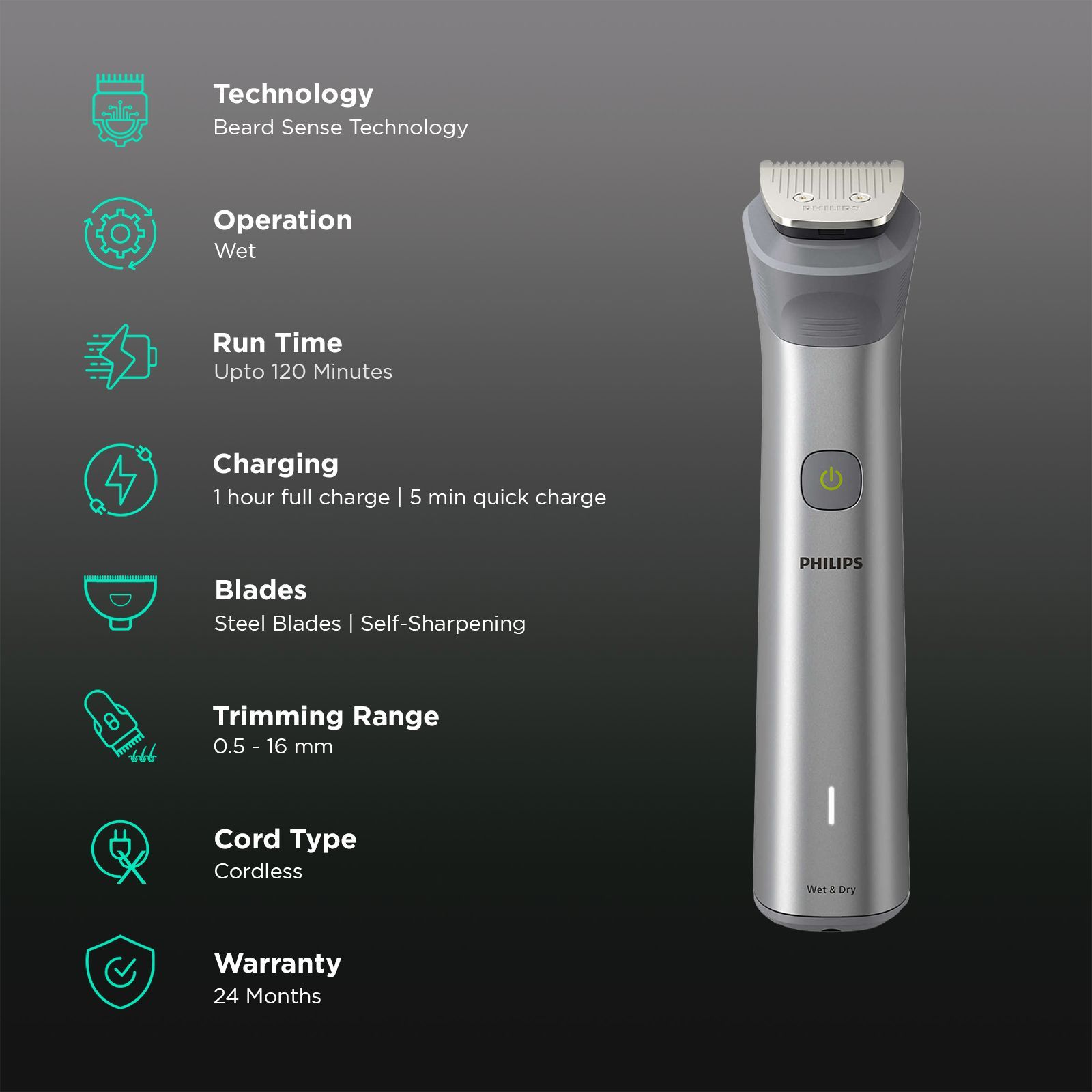 PHILIPS Series 5000 13-in-1 Rechargeable Cordless Grooming Kit for Face, Head and Body for Men (120mins Runtime, Beard Sense Technology, Silver) PHILIPS Series 5000 13-in-1 Rechargeable Cordless Grooming Kit for Face, Head and Body for Men (120mins Runtime, Beard Sense Technology, Silver)_2