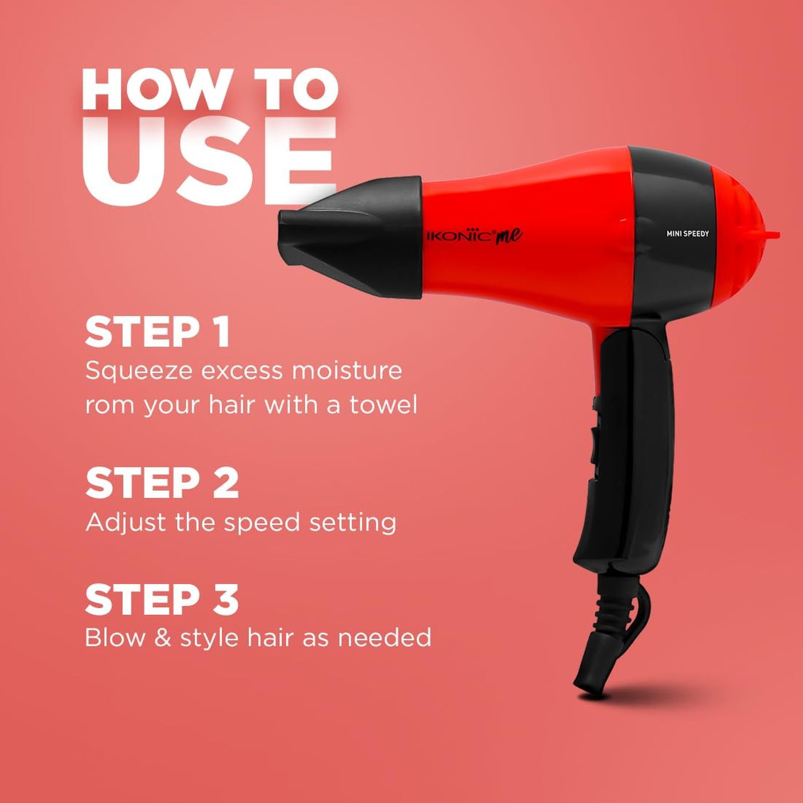 Ikonic Me Mini Speedy Hair Dryer with 2 Heat Settings & Cool Blow (Auto Shutoff, Red)_7