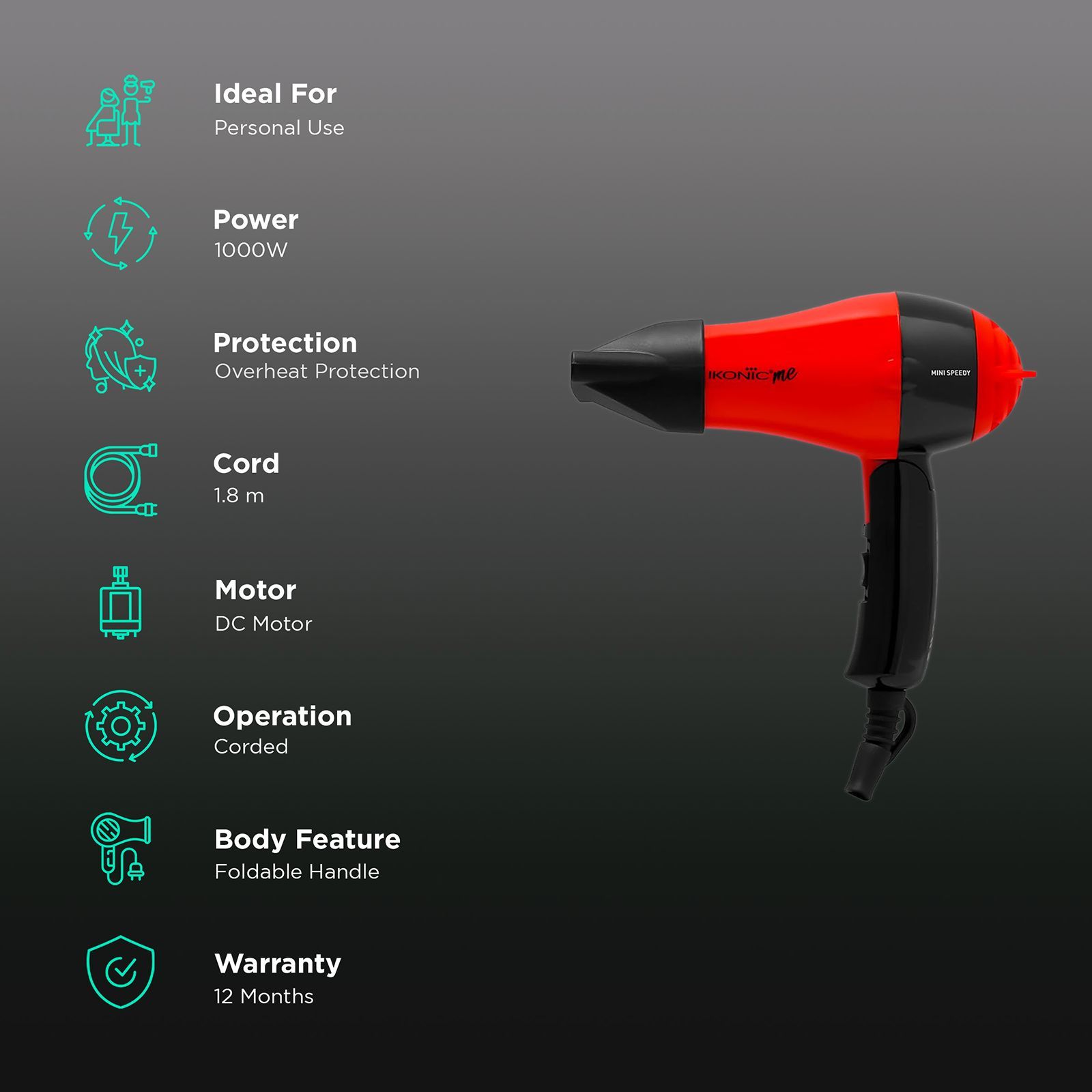 Ikonic Me Mini Speedy Hair Dryer with 2 Heat Settings & Cool Blow (Auto Shutoff, Red)_2
