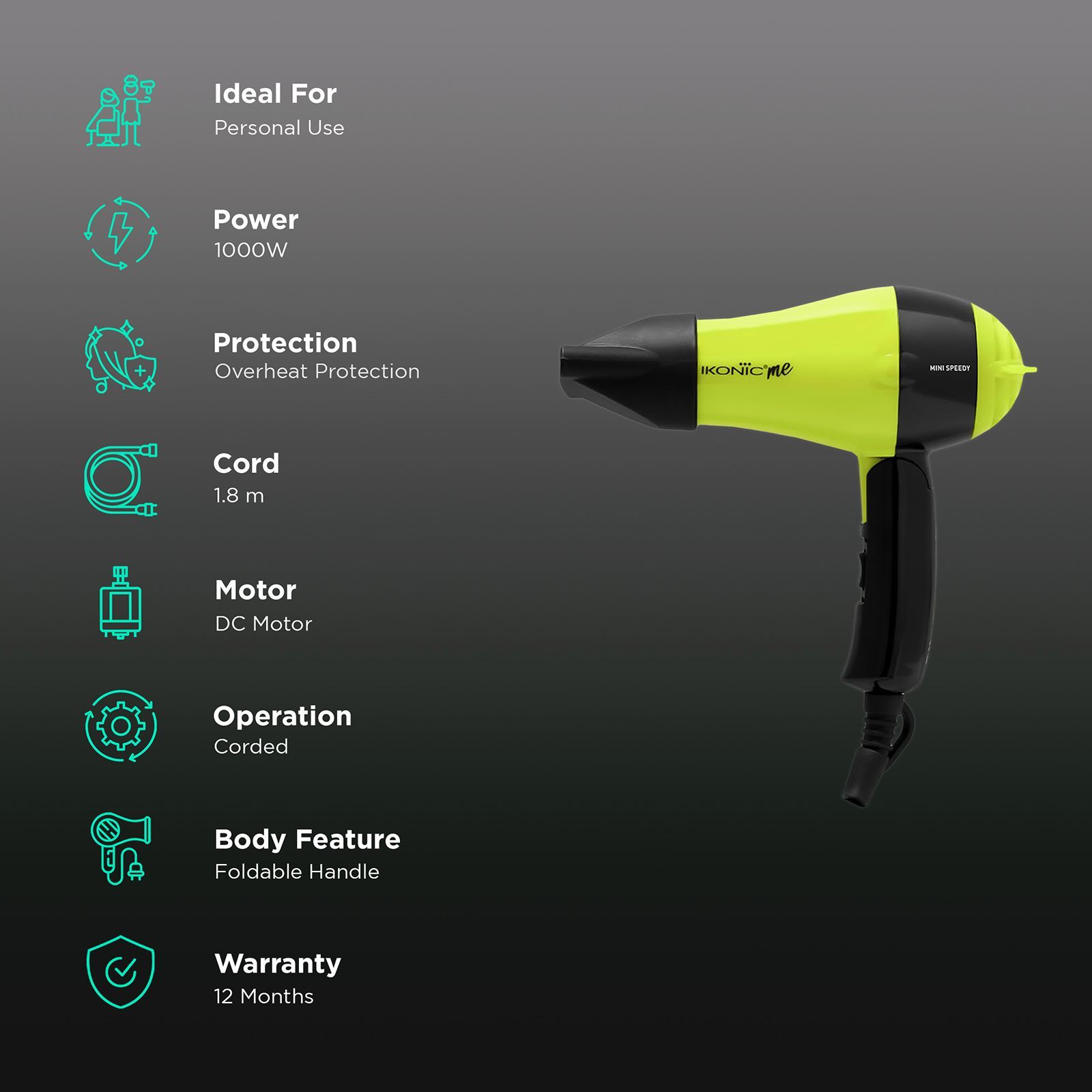 Ikonic Me Mini Speedy Hair Dryer with 2 Heat Settings & Cool Blow (Auto Shutoff, Green)_2