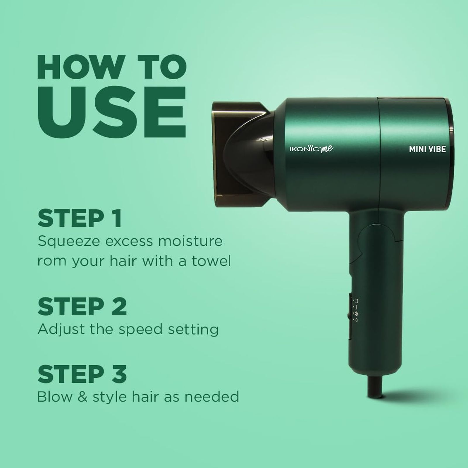 Ikonic Mini Vibe Hair Dryer with 2 Heat Settings & Cool Shot (Low Noise, Emerald)_5