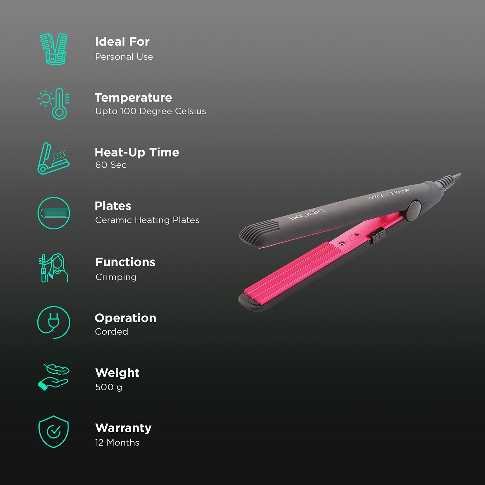 Ikonic Mini Crimper Hair Curler with Power Indicator light (Ceramic Plates, Black & Pink)_2