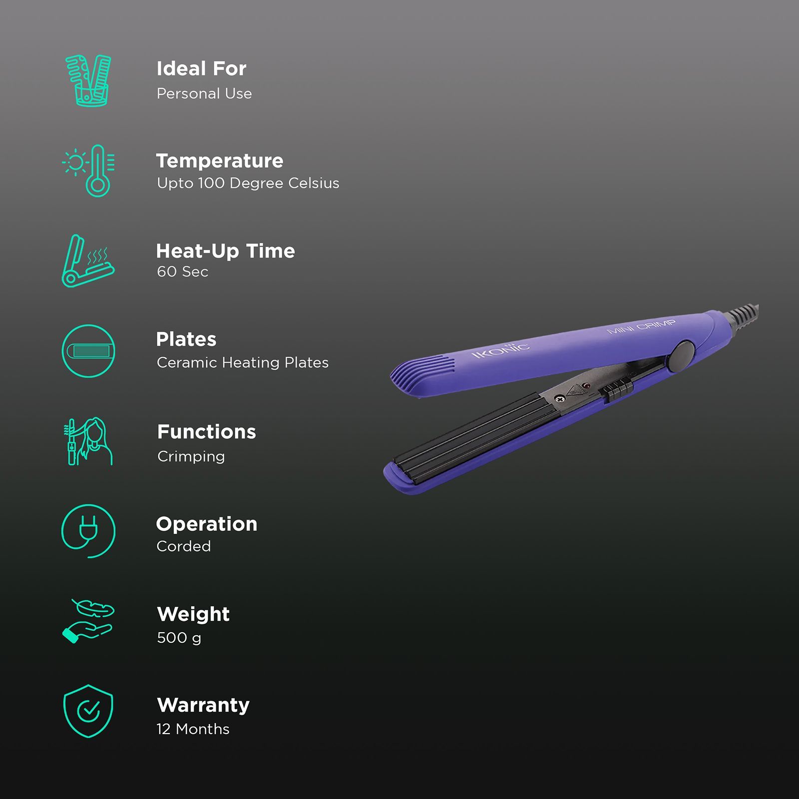 Ikonic Mini Crimper Hair Curler with Power Indicator light (Ceramic Plates, Purple & Black)_2